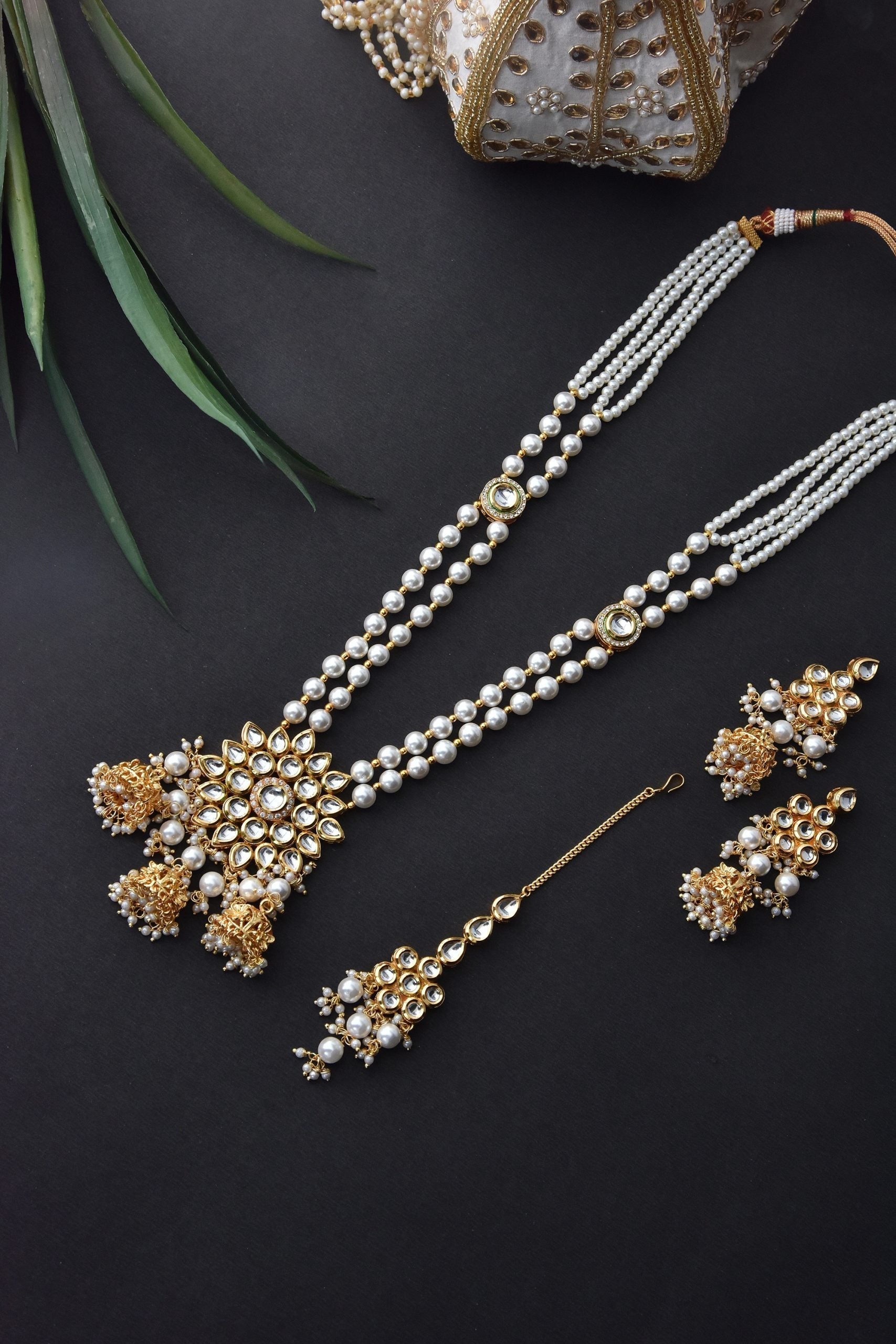 White Gold Tone Long Kundan Necklace Set with Maang Tikka