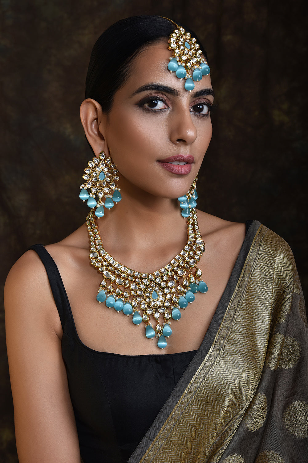 Blue Gold Tone Kundan Bridal Necklace Set with Maang Tikka