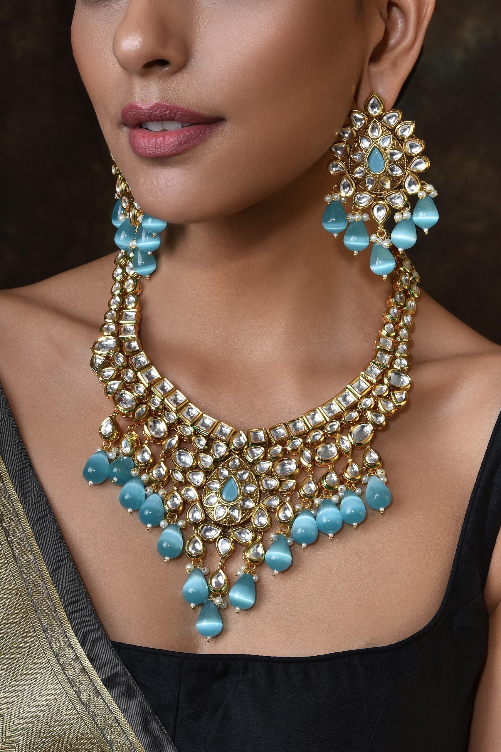 Blue Gold Tone Kundan Bridal Necklace Set with Maang Tikka