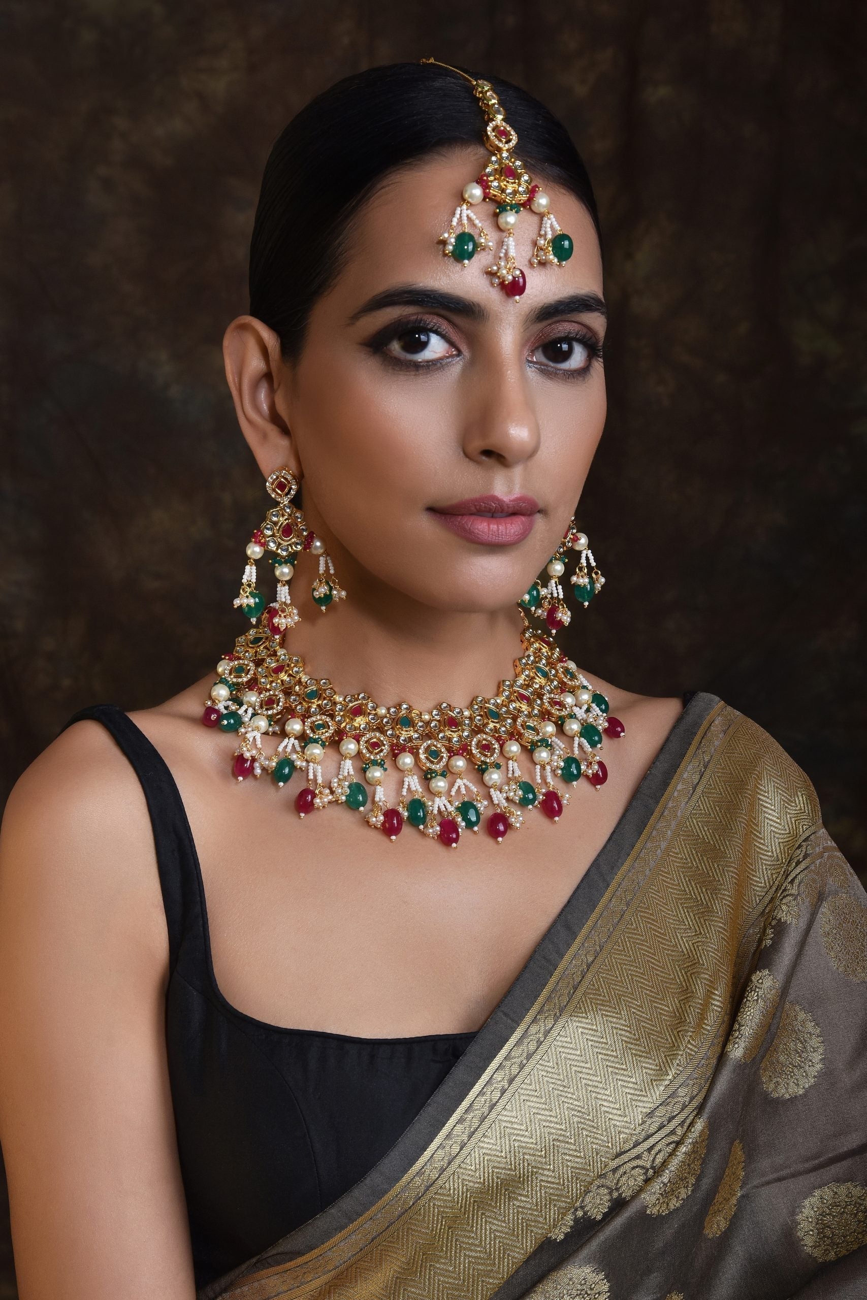 Red Green Gold Tone Kundan Necklace Set