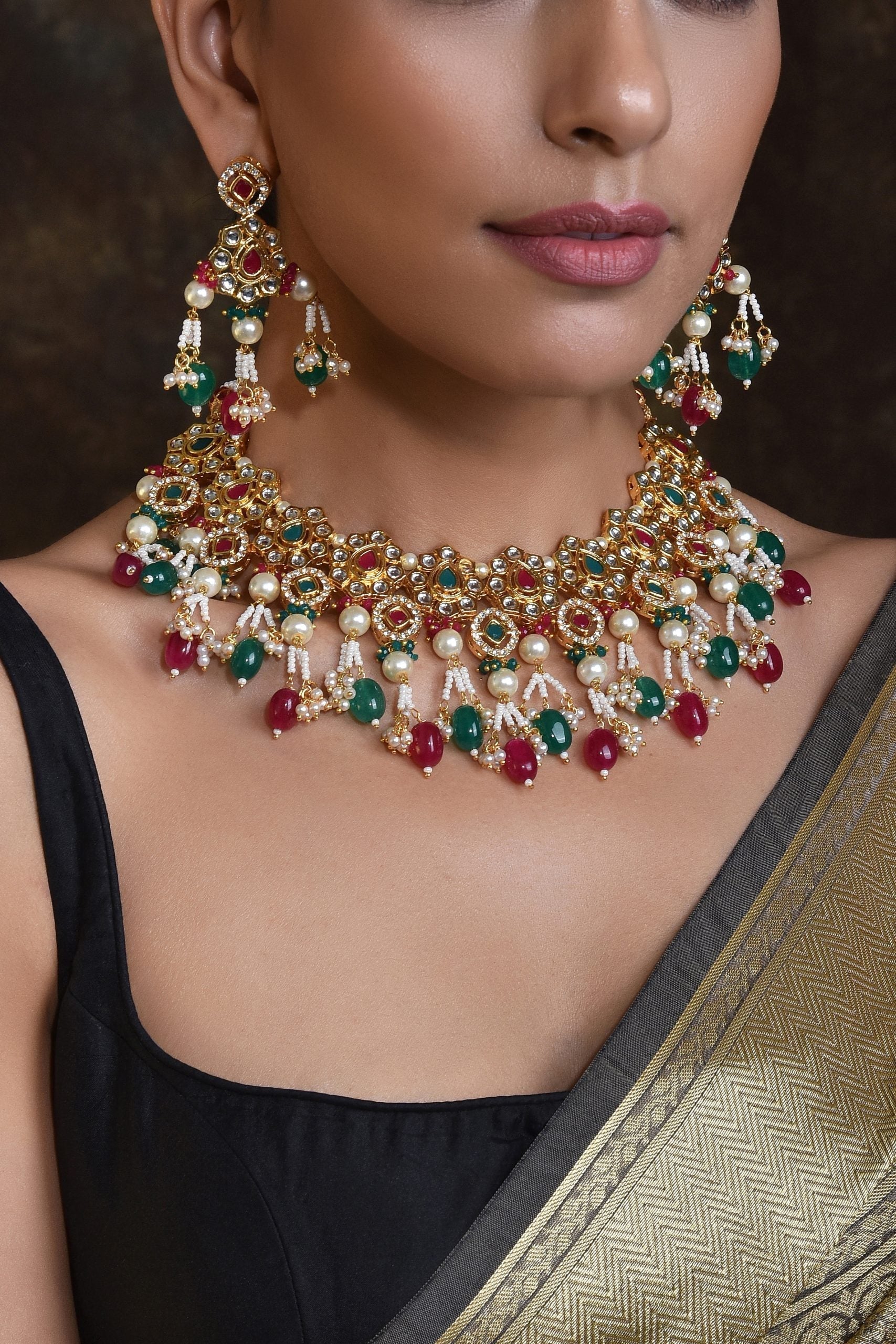 Red Green Gold Tone Kundan Necklace Set