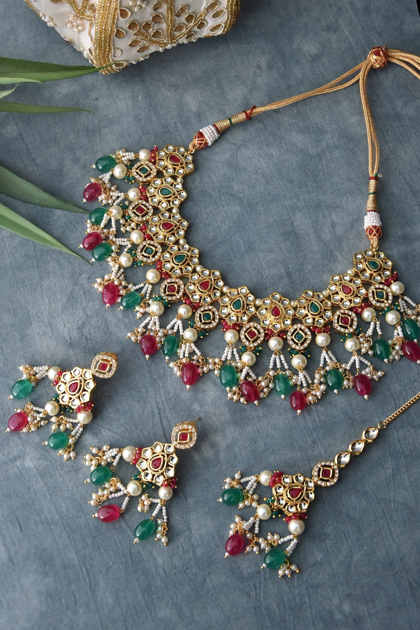 Red Green Gold Tone Kundan Necklace Set