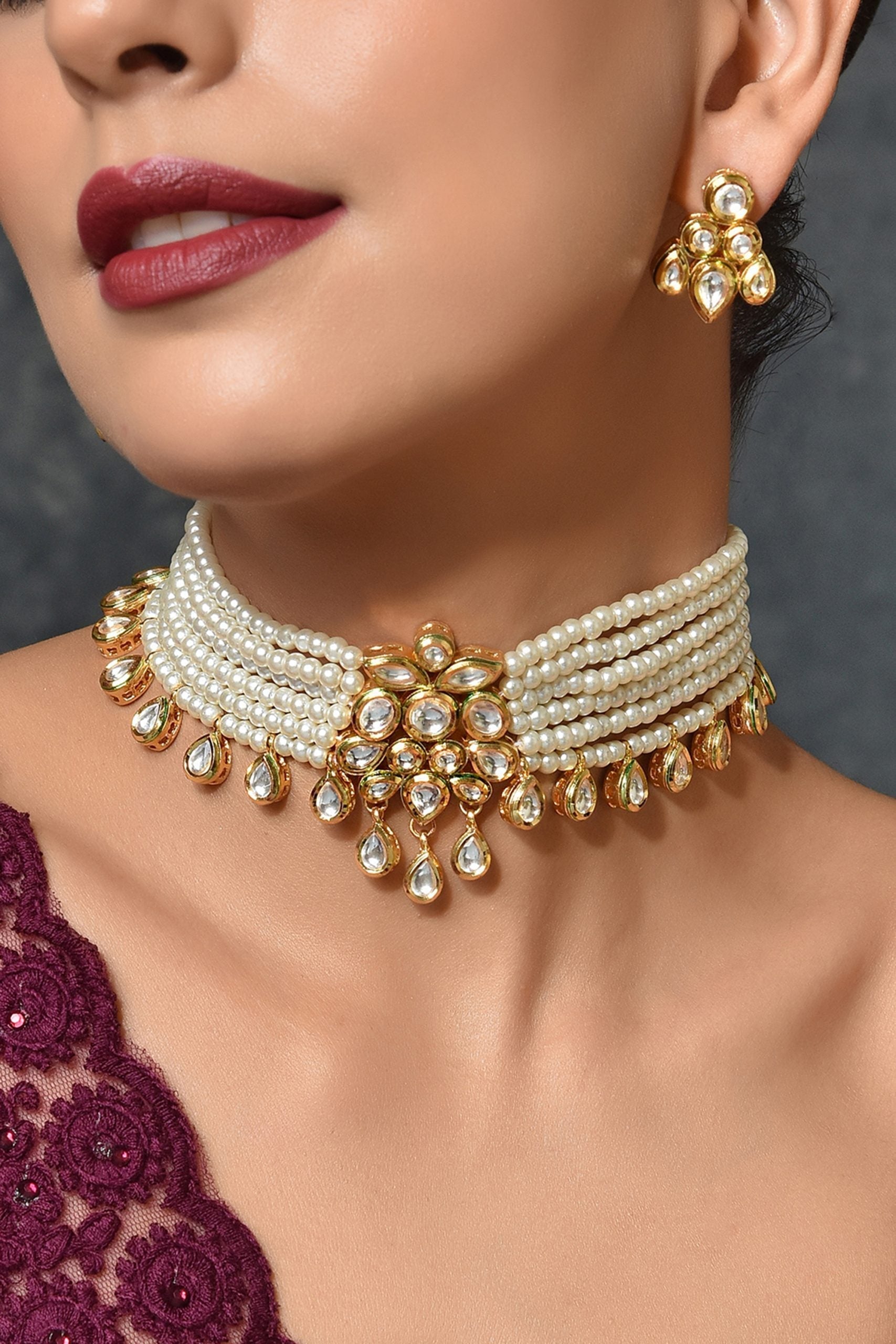 White Gold Tone Kundan Pearl Choker Necklace Set