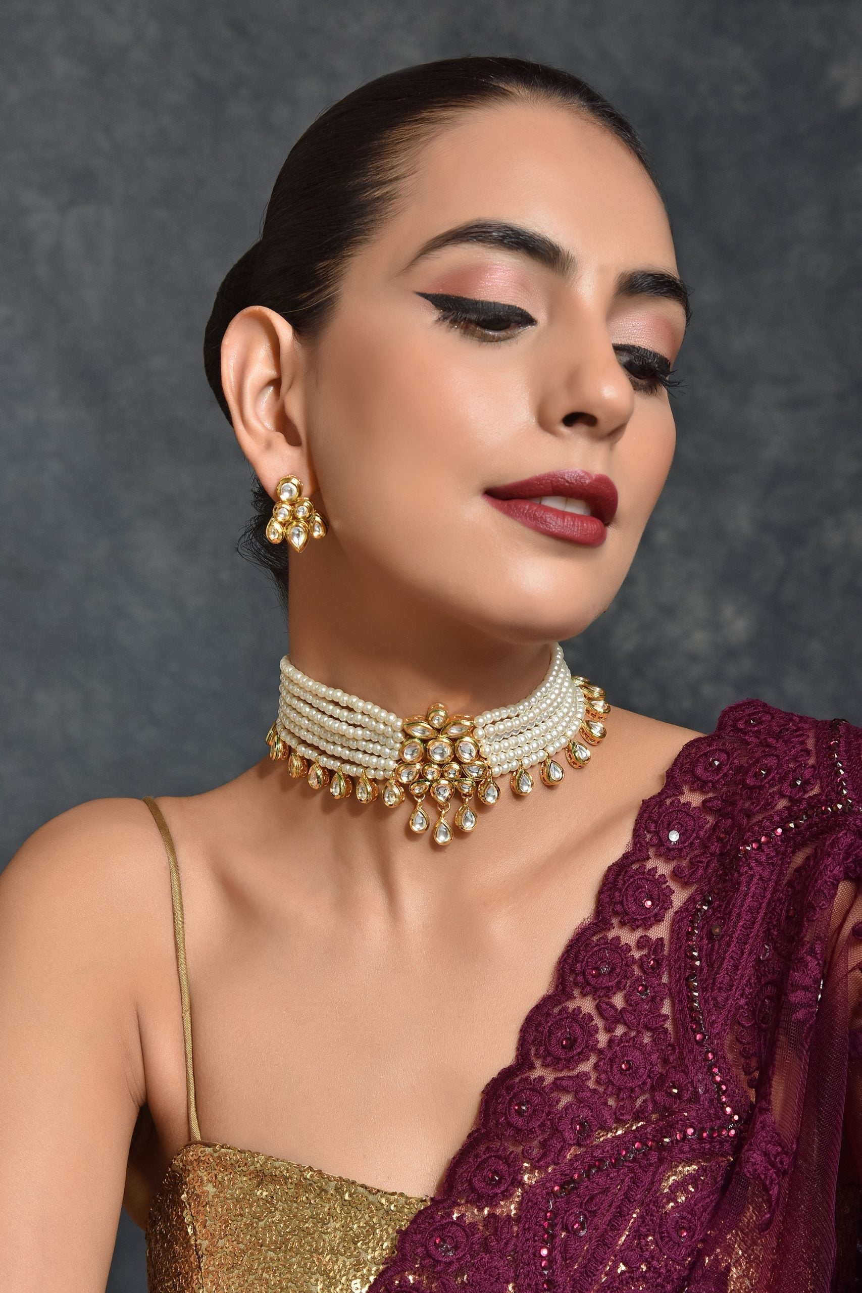 White Gold Tone Kundan Pearl Choker Necklace Set