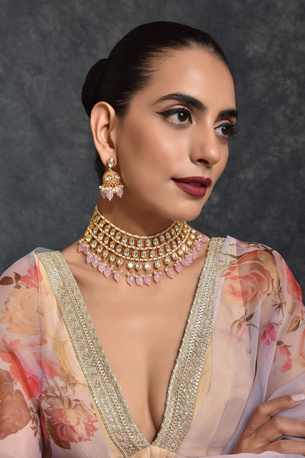 Pink Gold Tone Kundan Necklace Set