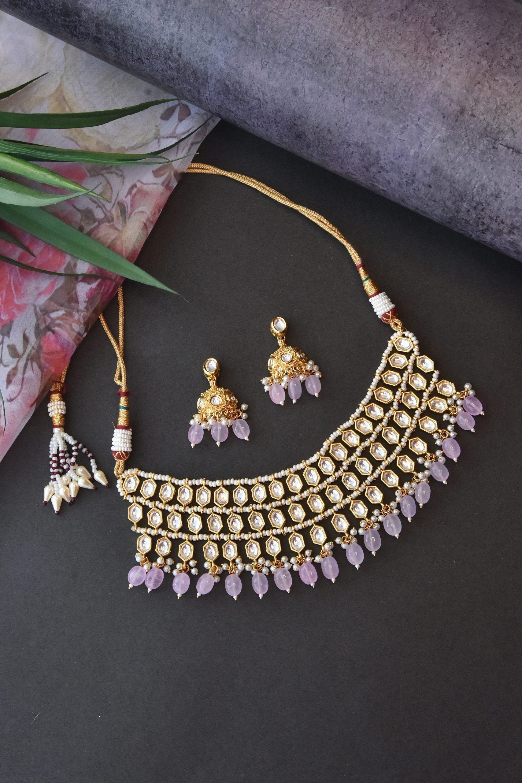 Pink Gold Tone Kundan Necklace Set