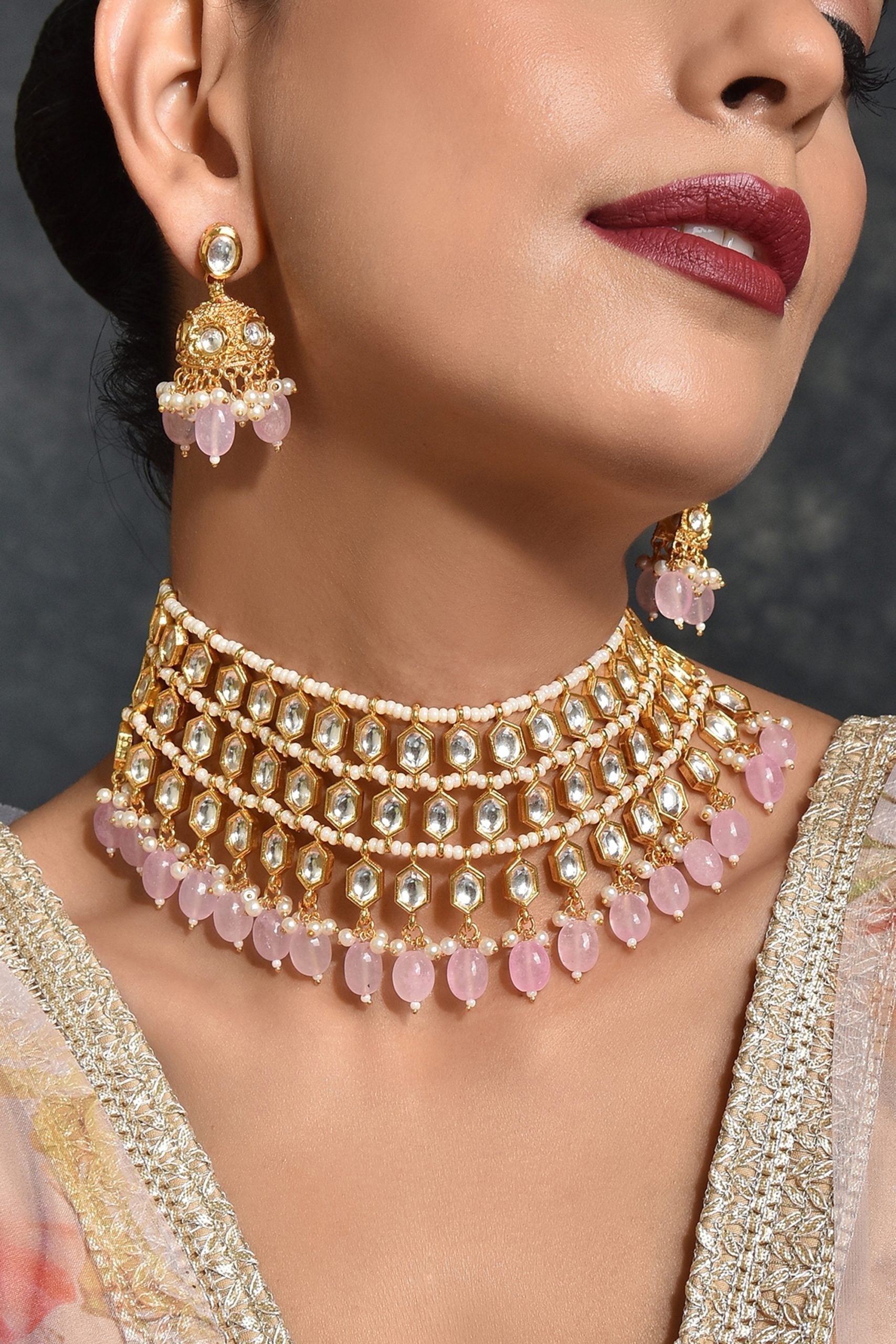 Pink Gold Tone Kundan Necklace Set