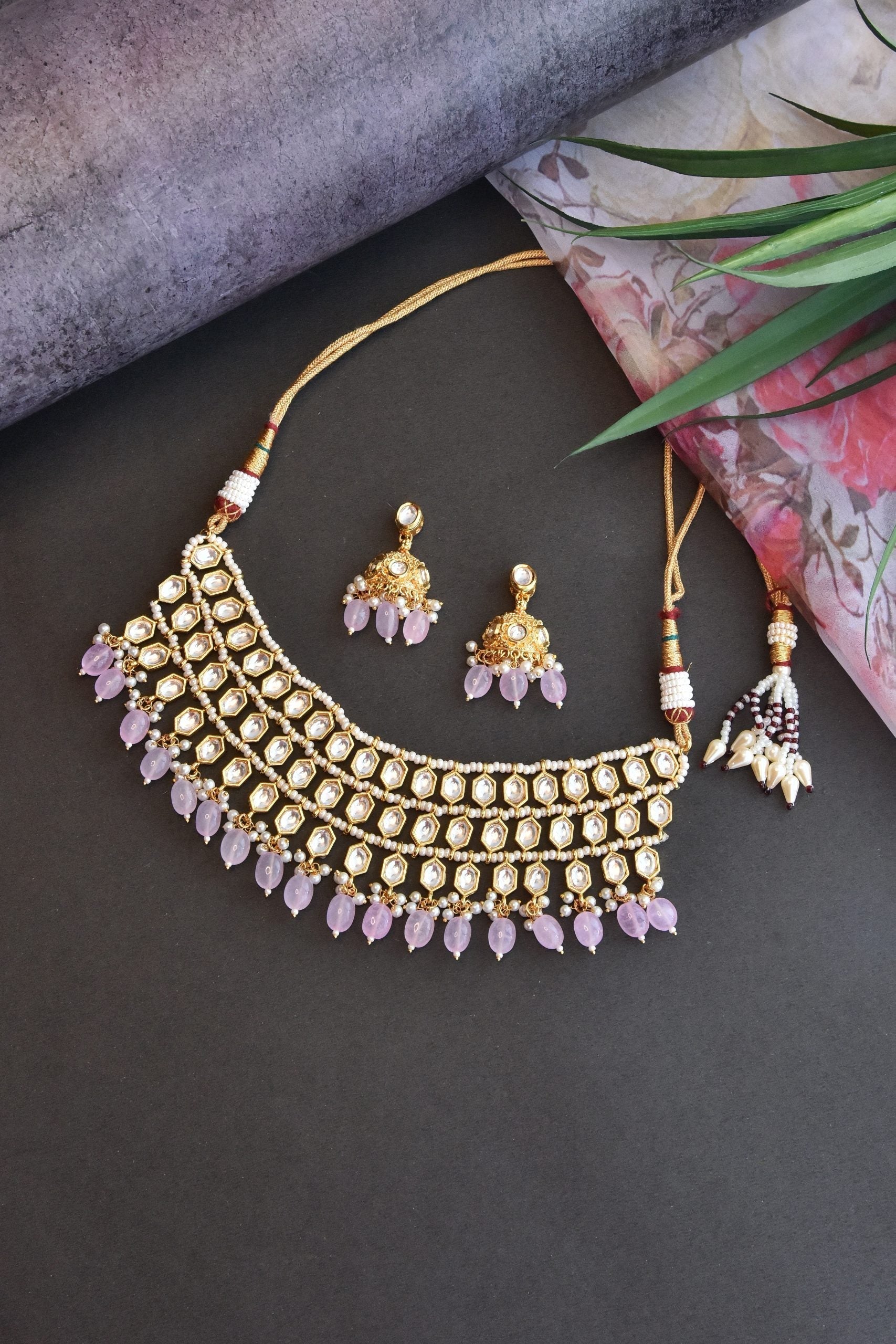 Pink Gold Tone Kundan Necklace Set