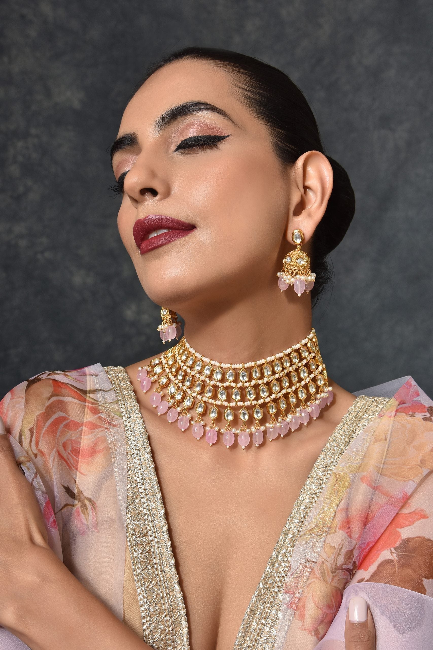 Pink Gold Tone Kundan Necklace Set