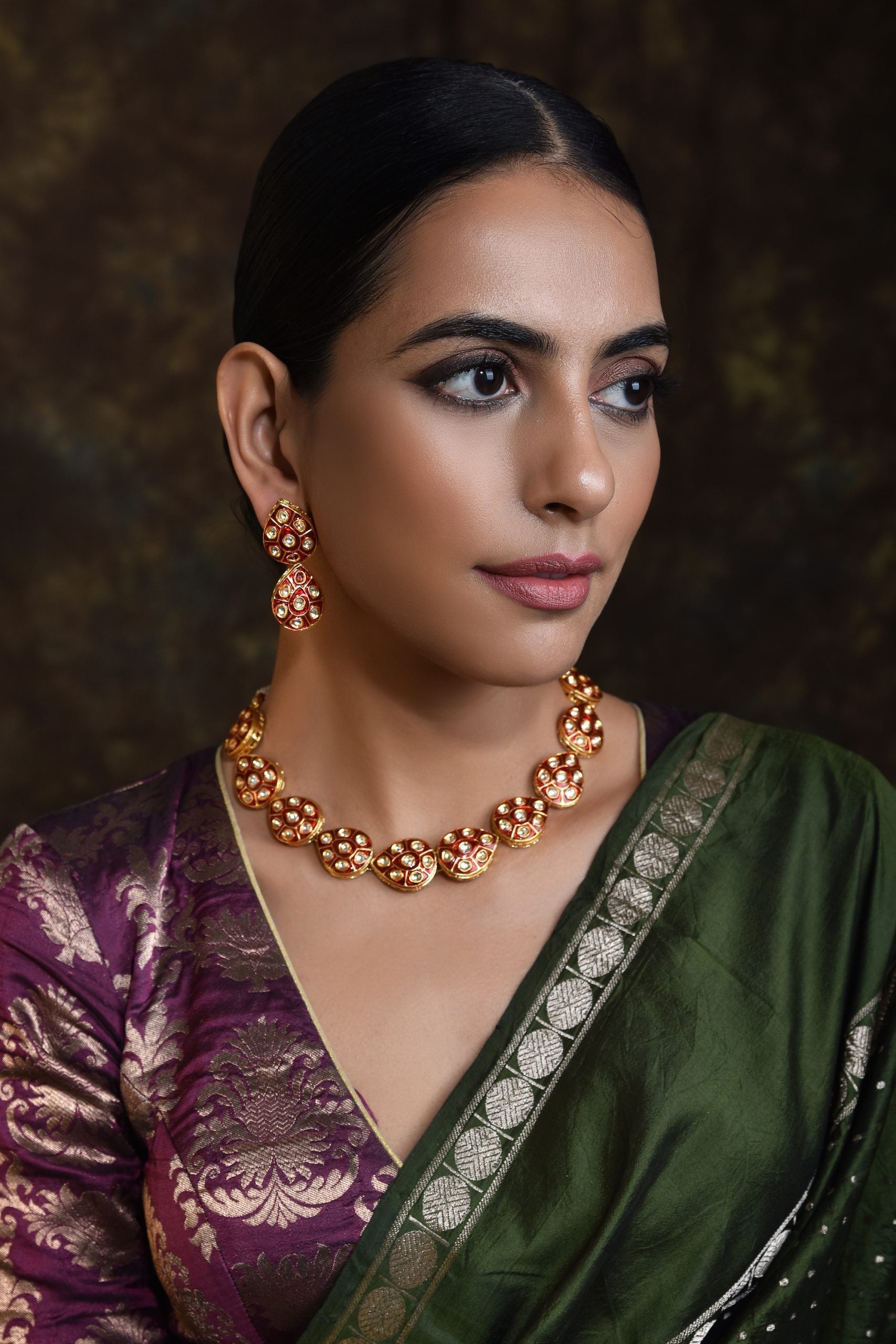 Red Gold Tone Meena Necklace Set