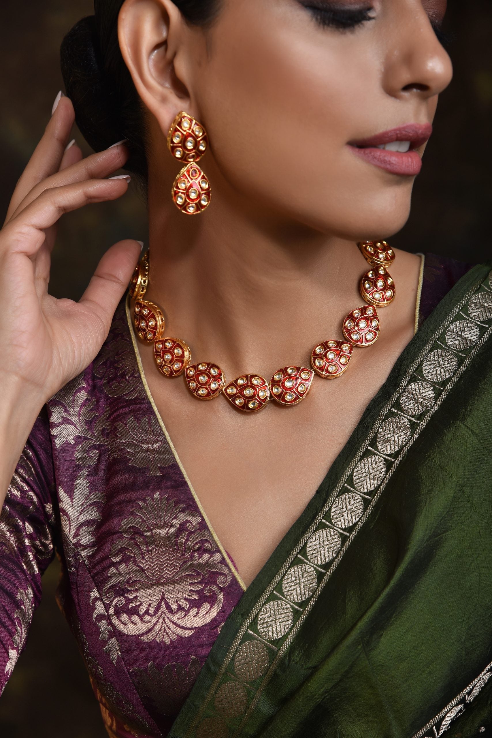 Red Gold Tone Meena Necklace Set