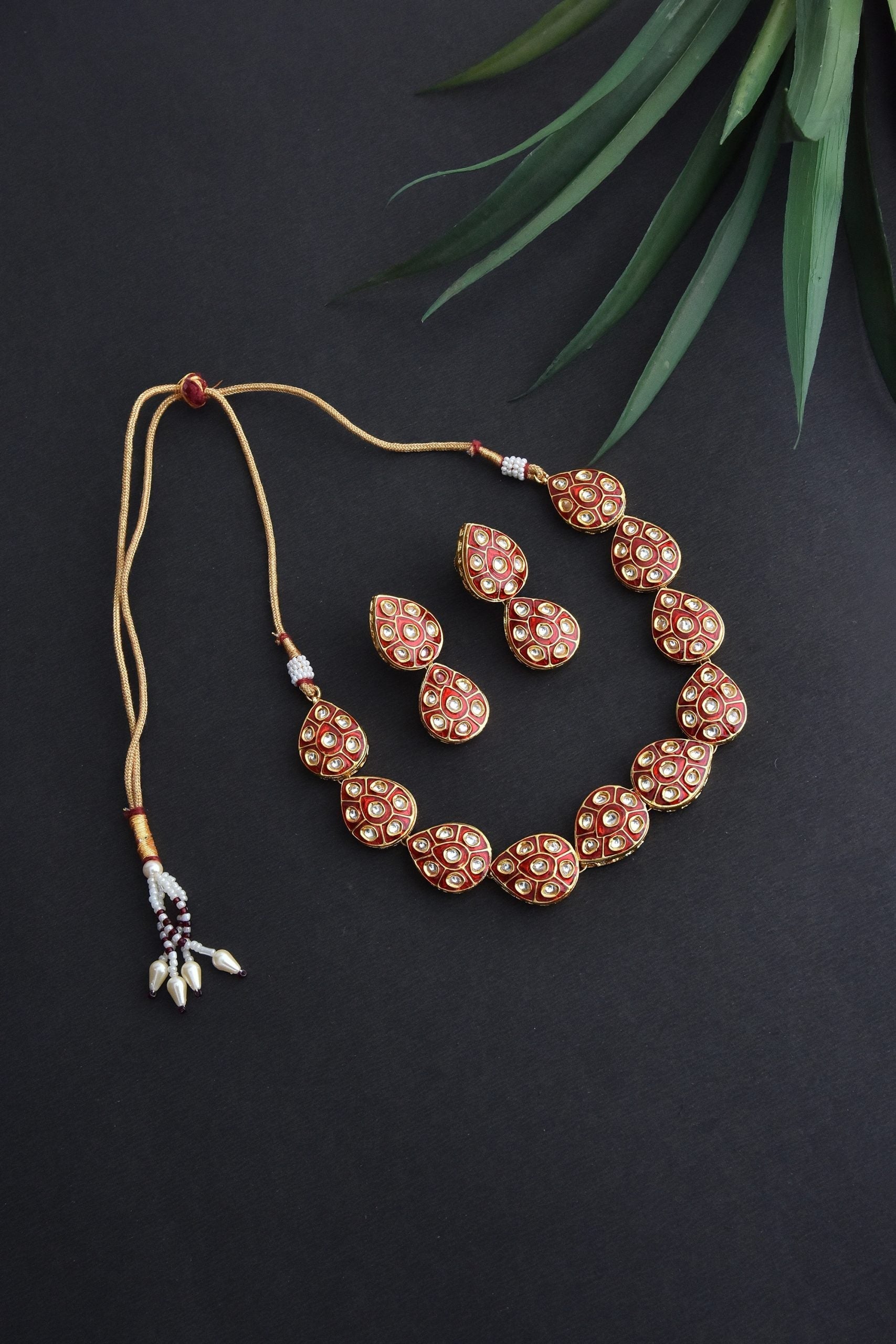 Red Gold Tone Meena Necklace Set