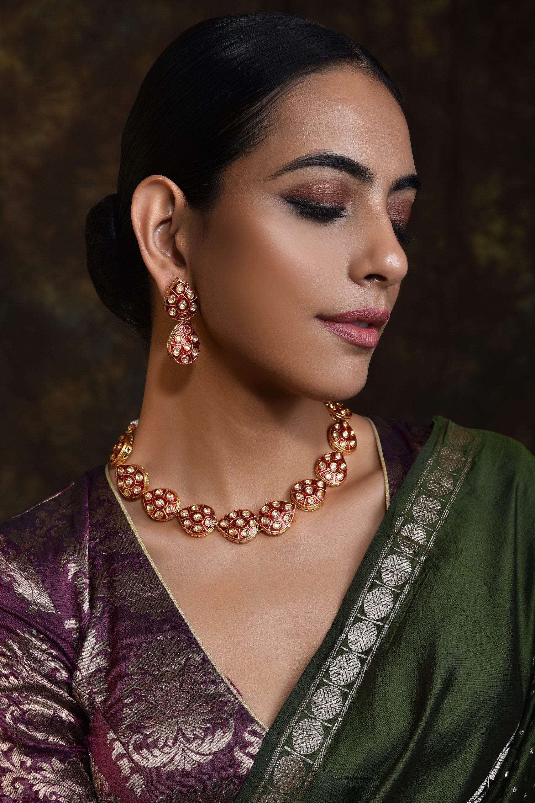 Red Gold Tone Meena Necklace Set