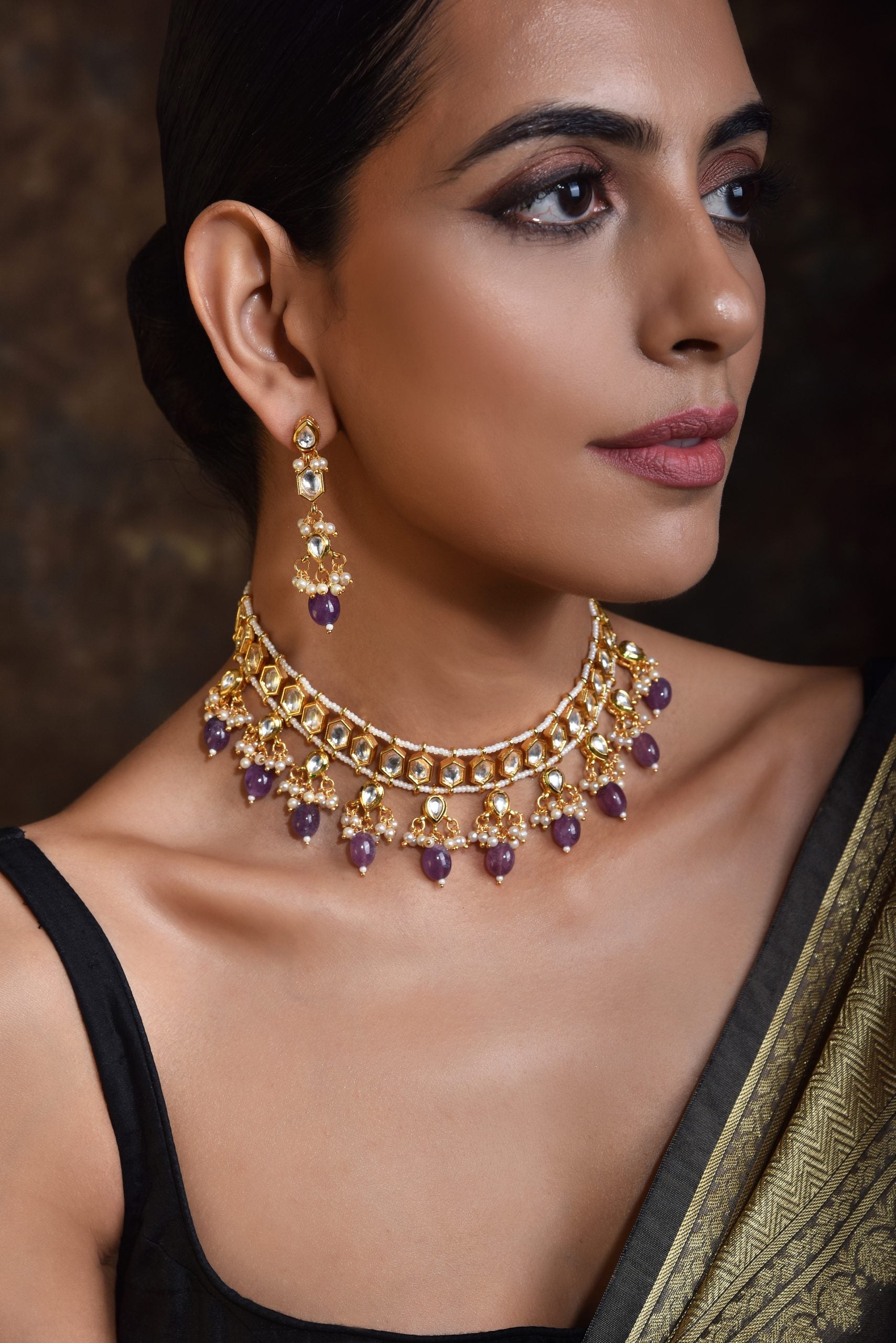 Purple Gold Tone Kundan Necklace Set