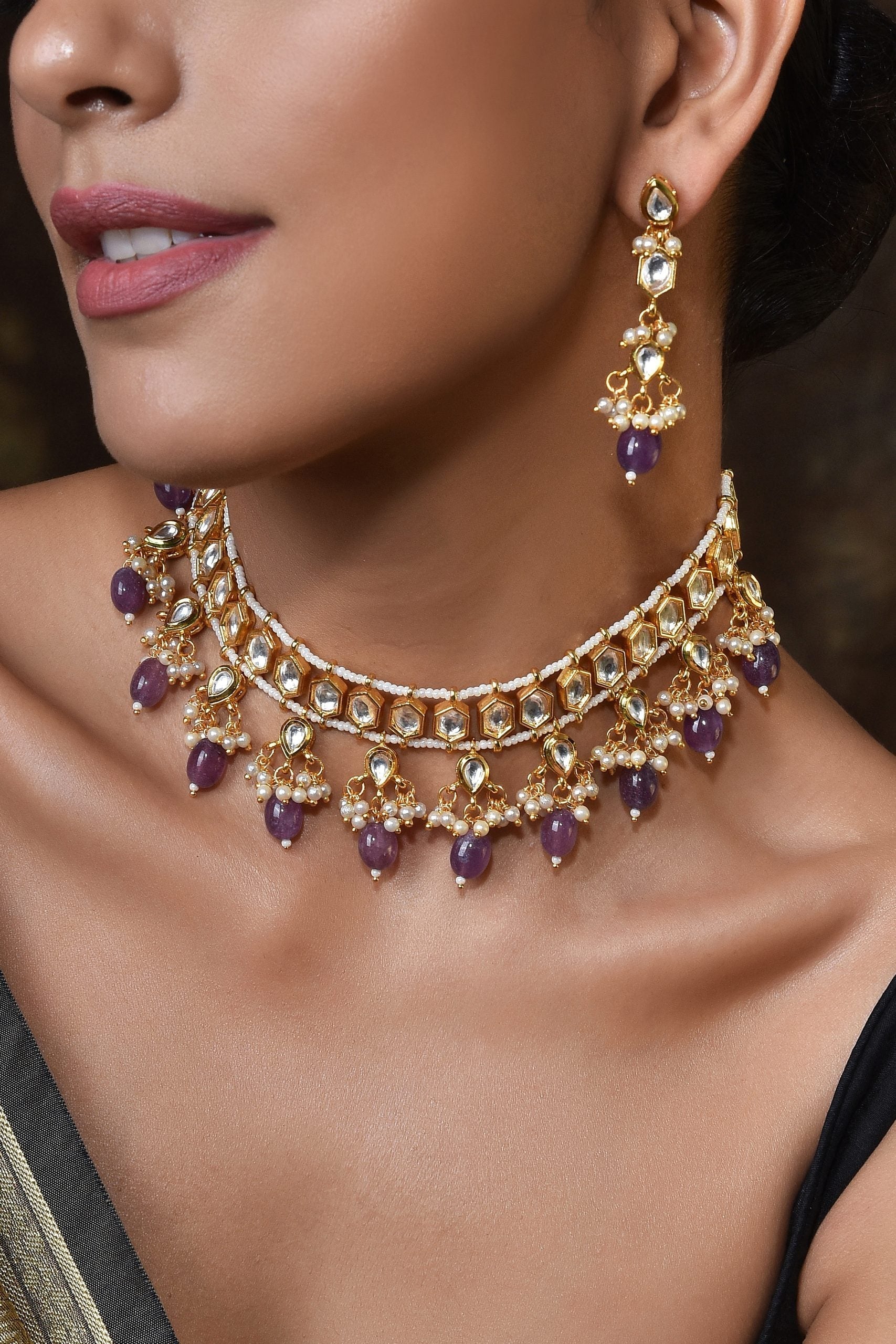 Purple Gold Tone Kundan Necklace Set