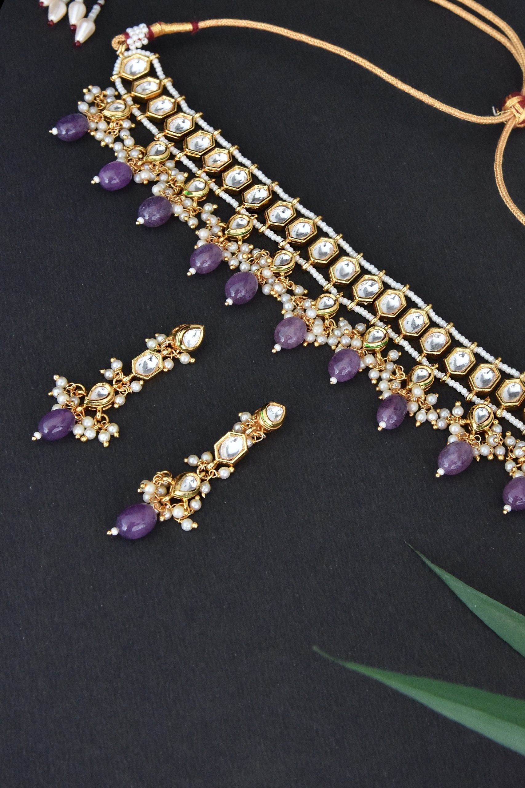 Purple Gold Tone Kundan Necklace Set