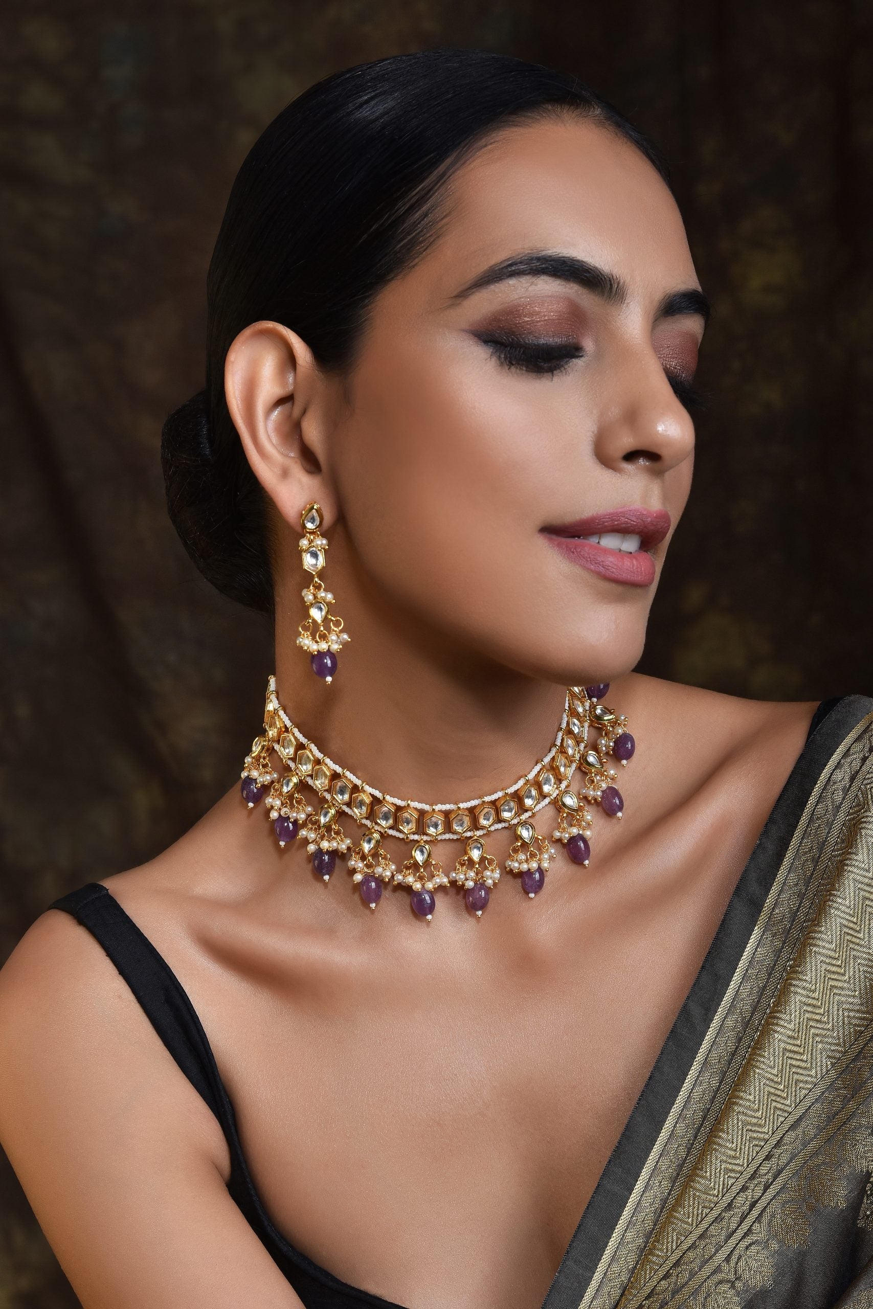 Purple Gold Tone Kundan Necklace Set