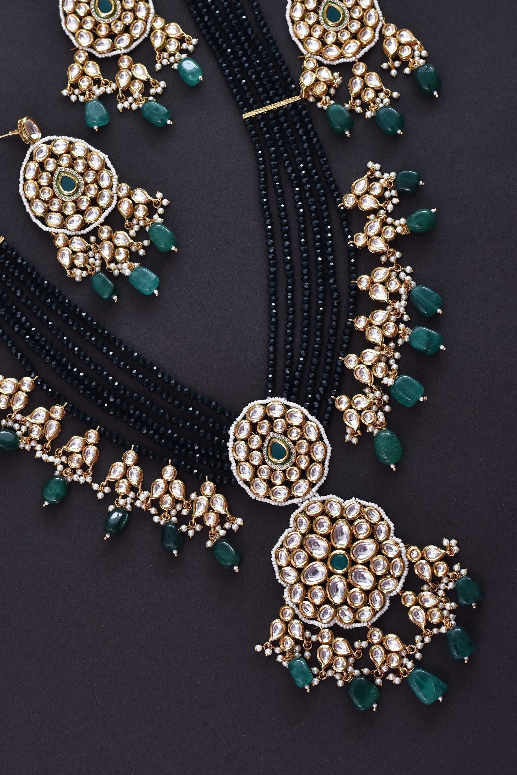 Green Gold Tone Long Kundan Necklkace Set with Maang Tikka