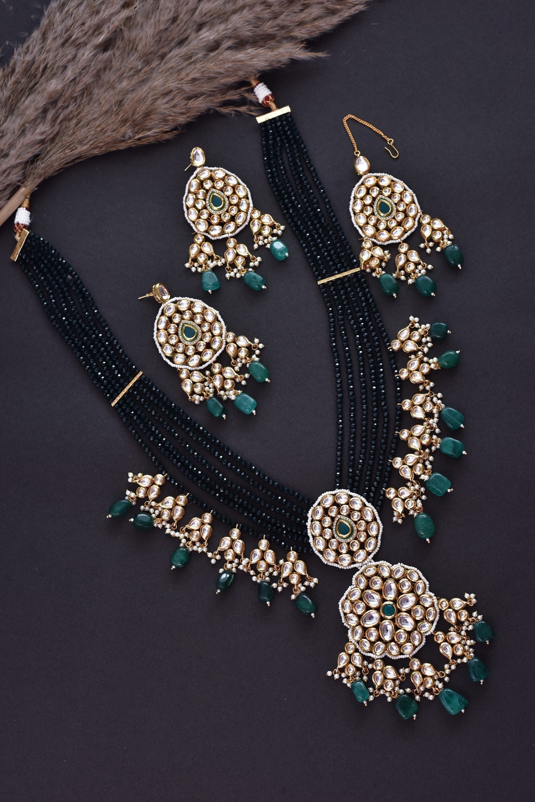 Green Gold Tone Long Kundan Necklkace Set with Maang Tikka