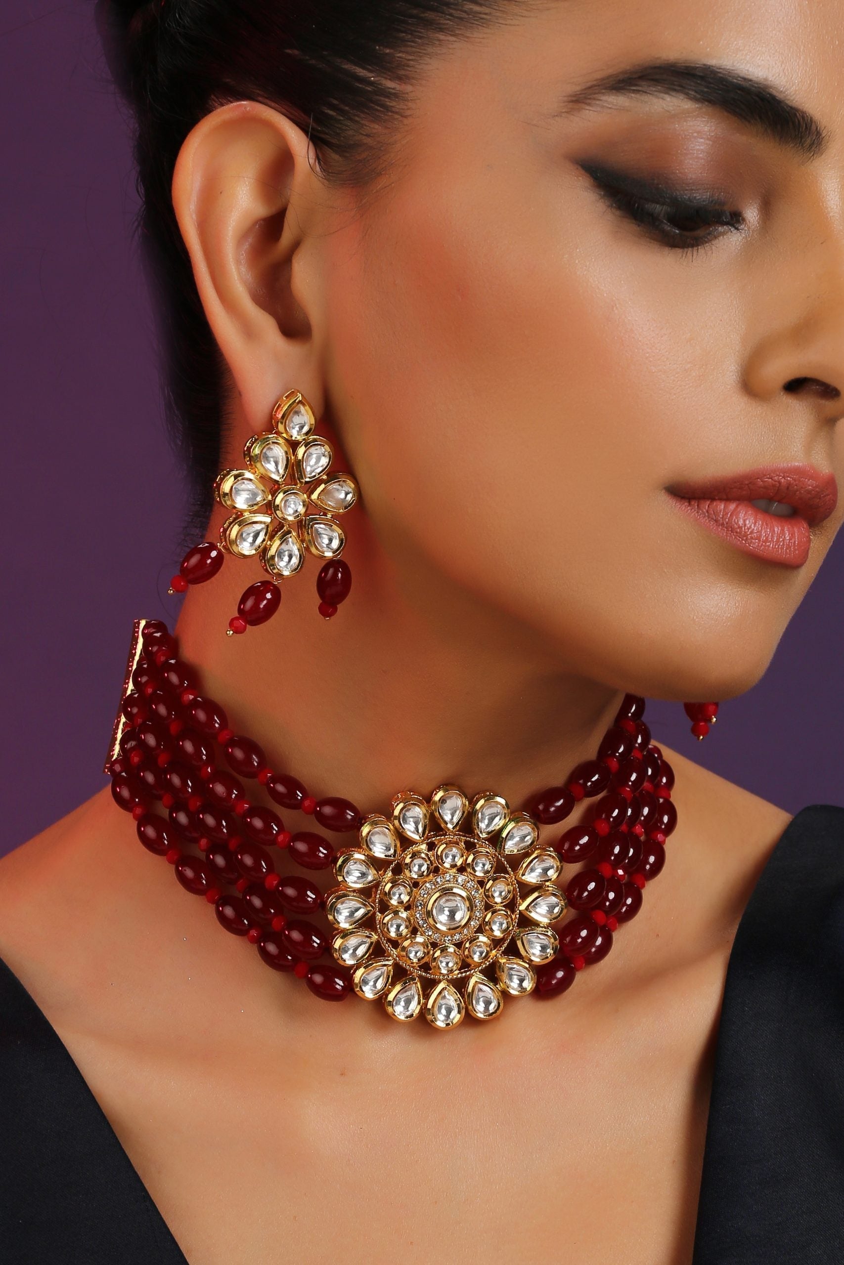 Red Gold Tone Kundan Choker Set