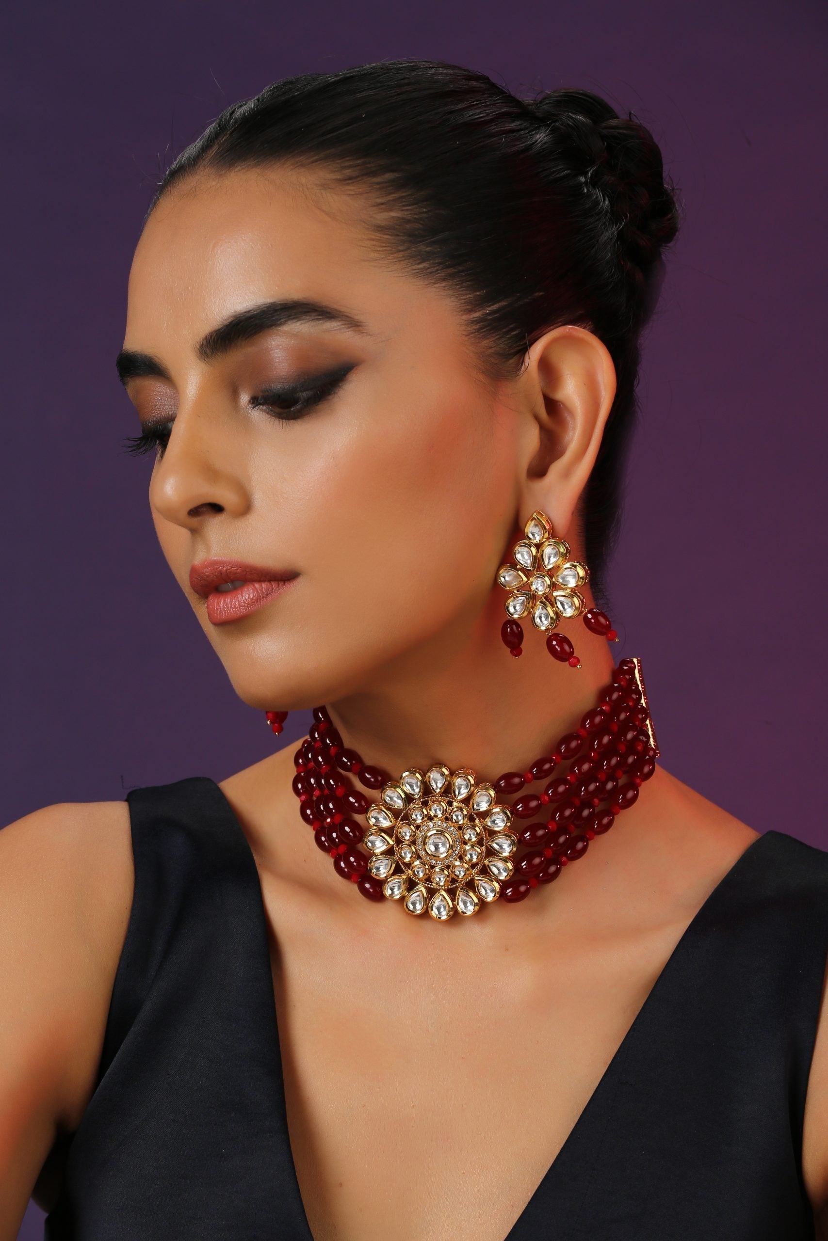 Red Gold Tone Kundan Choker Set