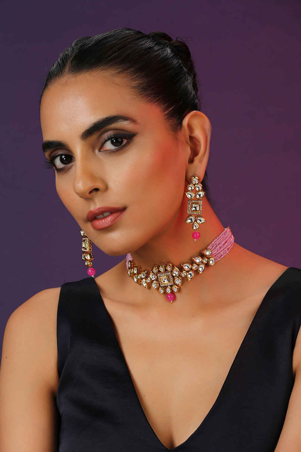 Pink Gold Tone Kundan Necklace Set