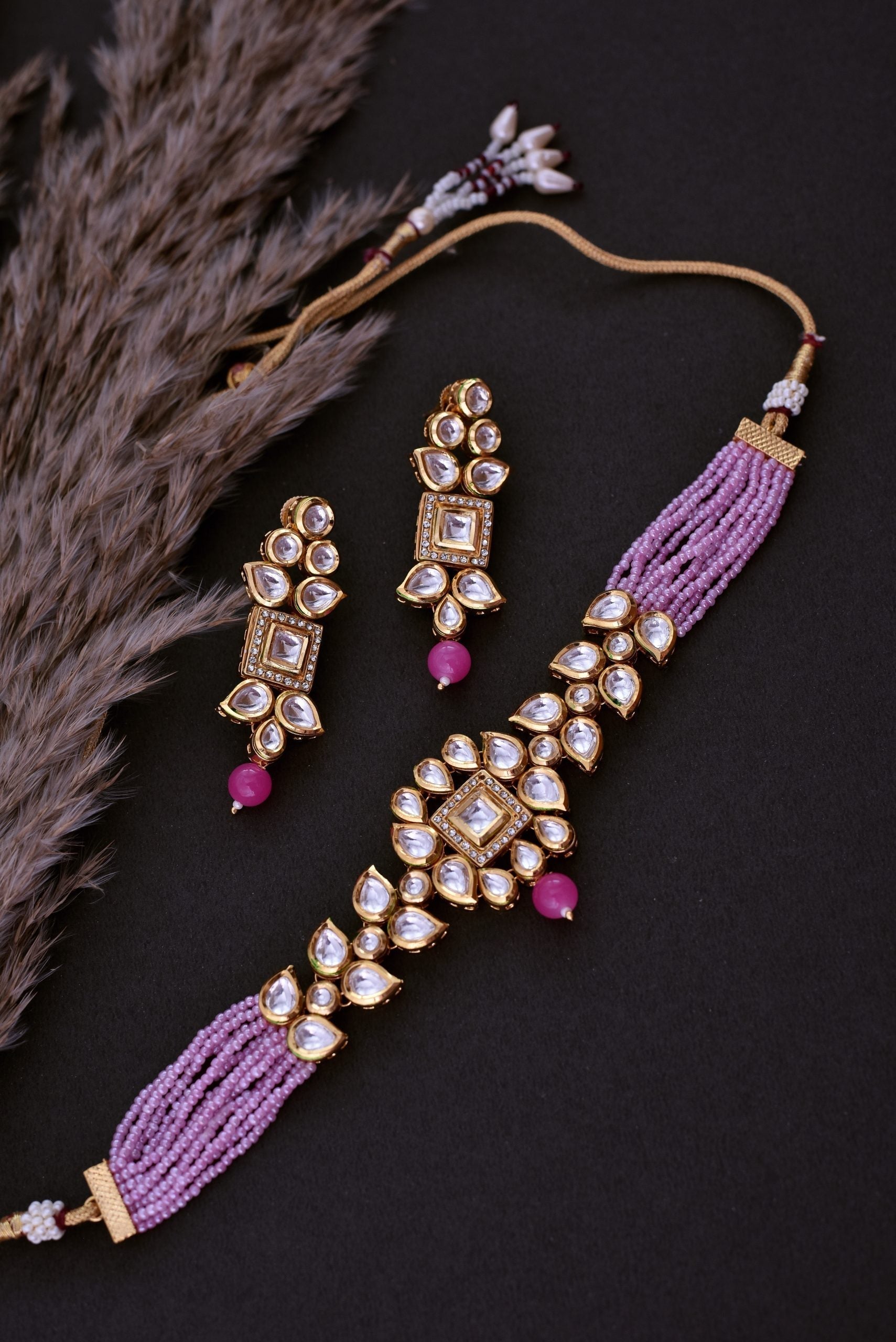 Pink Gold Tone Kundan Necklace Set