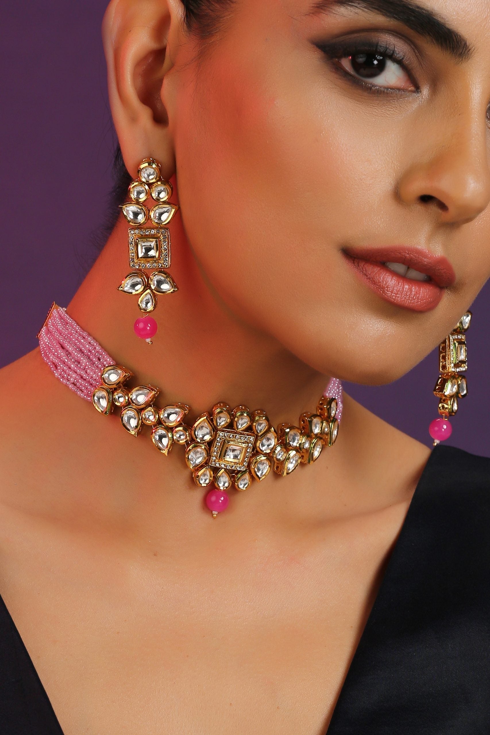 Pink Gold Tone Kundan Necklace Set