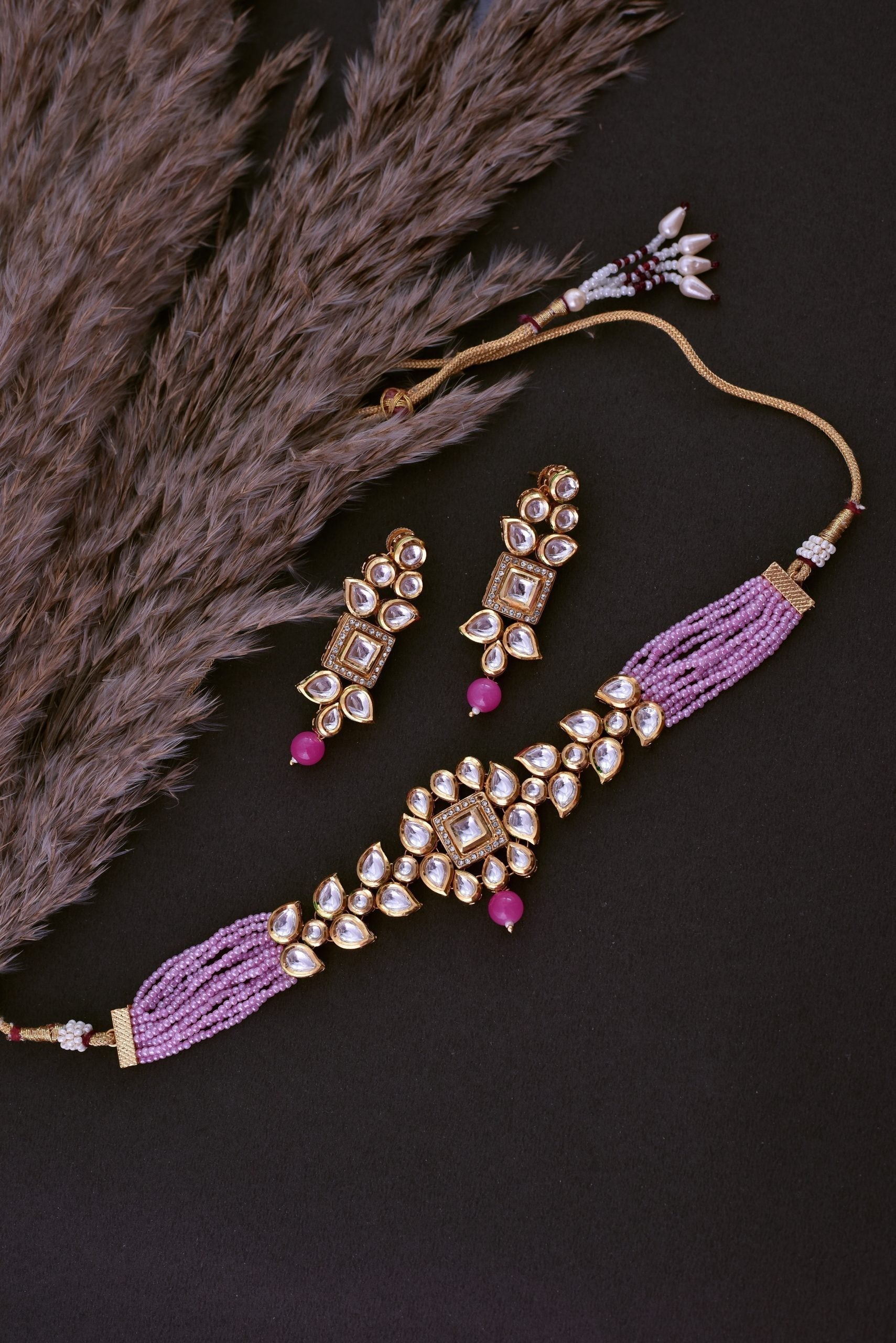 Pink Gold Tone Kundan Necklace Set