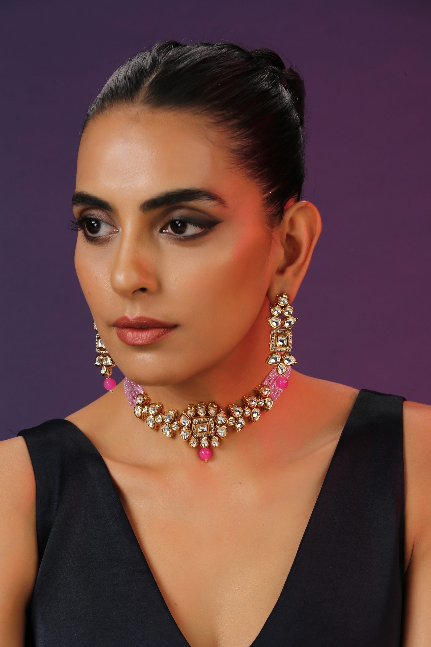 Pink Gold Tone Kundan Necklace Set