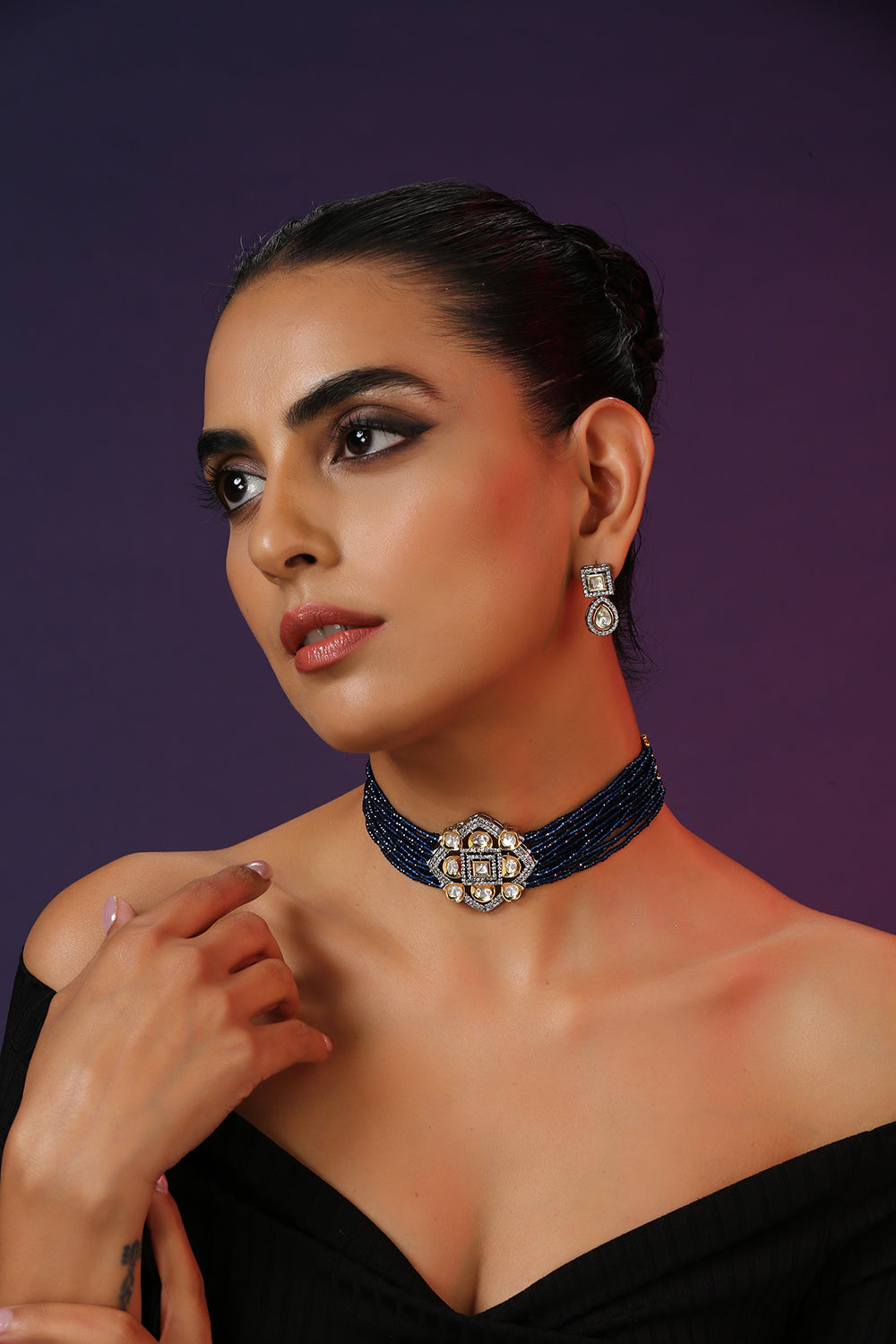 Blue Silver Tone Polki Choker Set