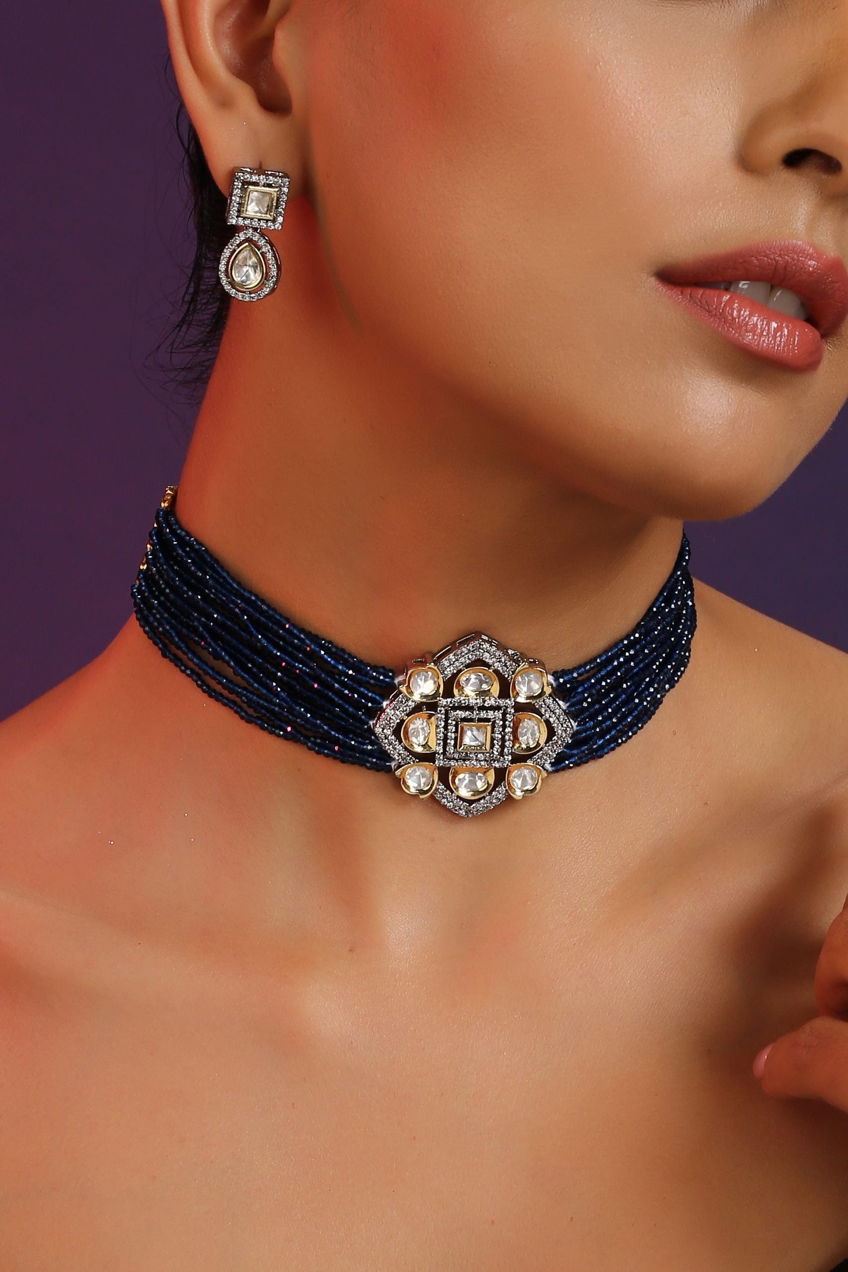 Blue Silver Tone Polki Choker Set