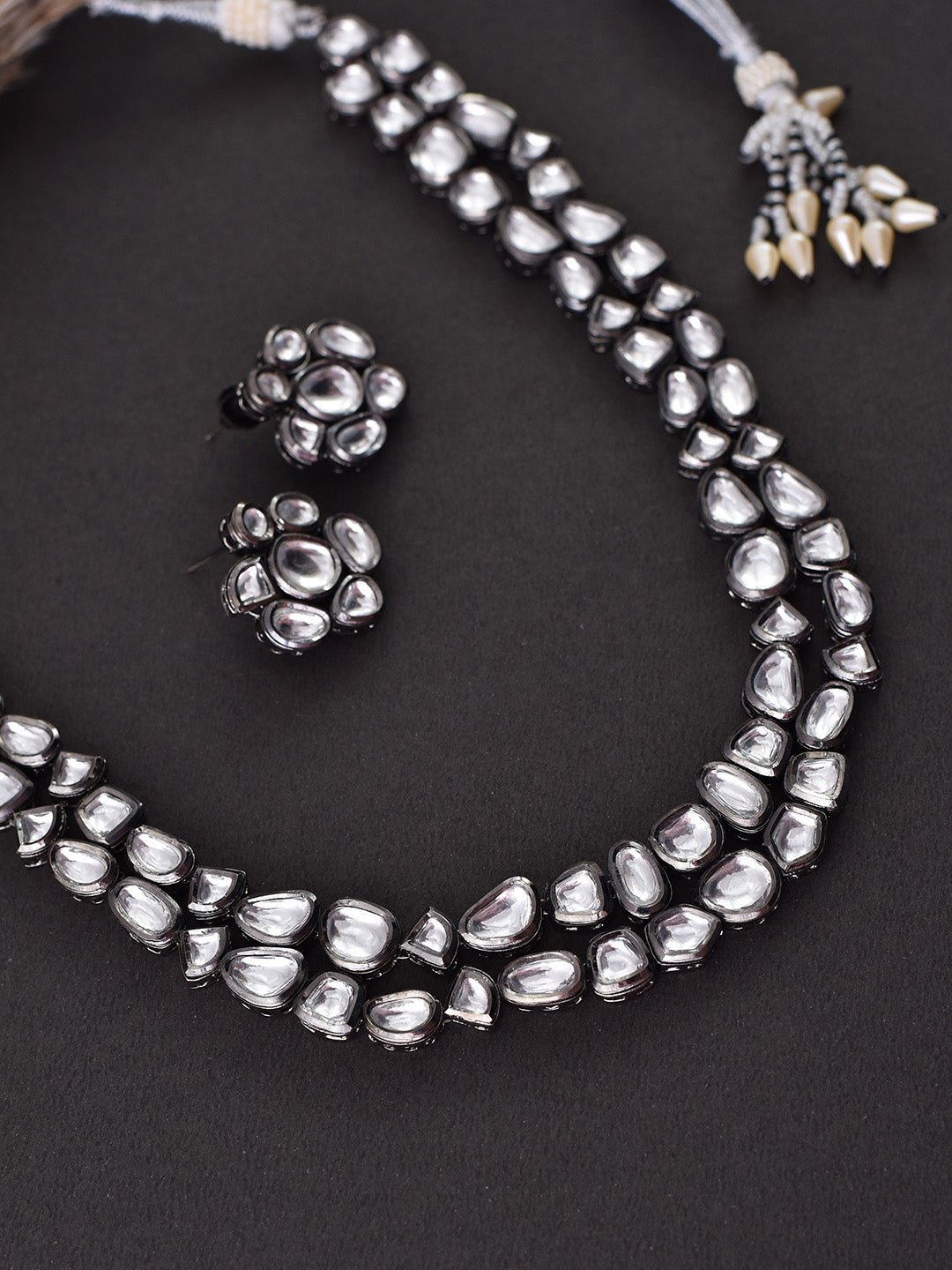 White Black Tone Long Kundan Necklace Set