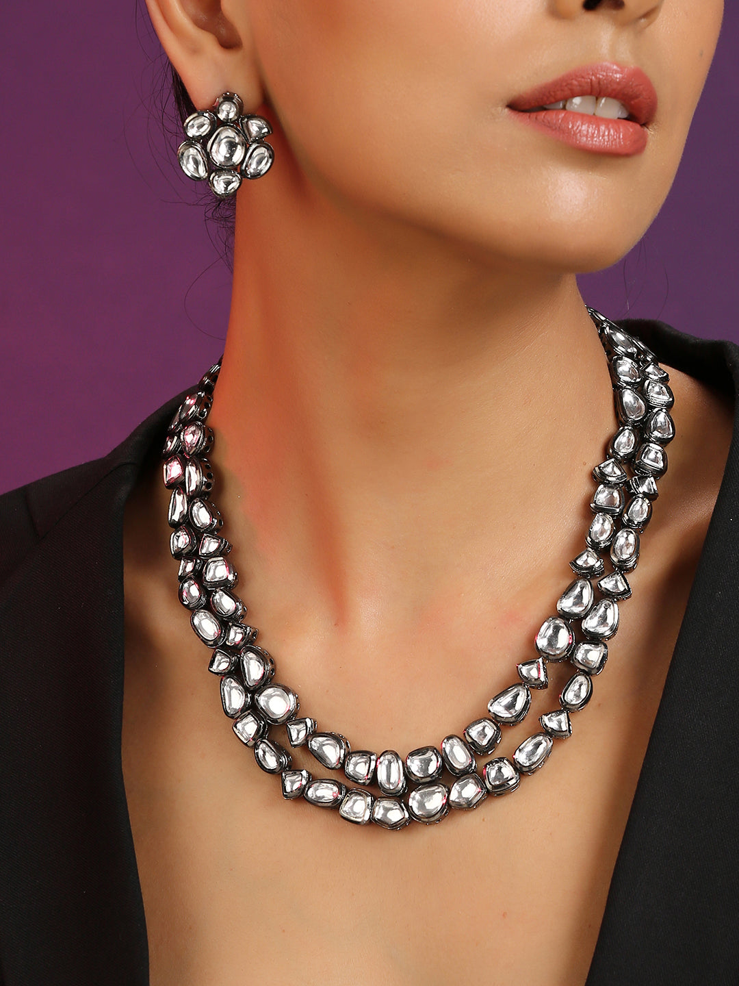 White Black Tone Long Kundan Necklace Set