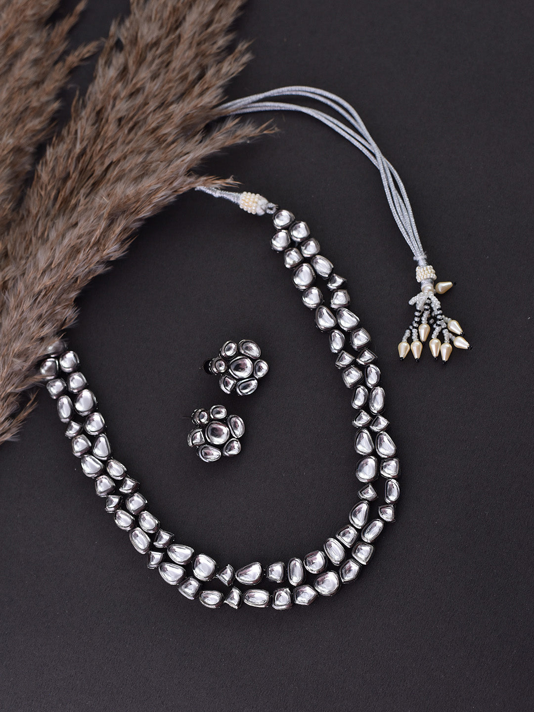 White Black Tone Long Kundan Necklace Set