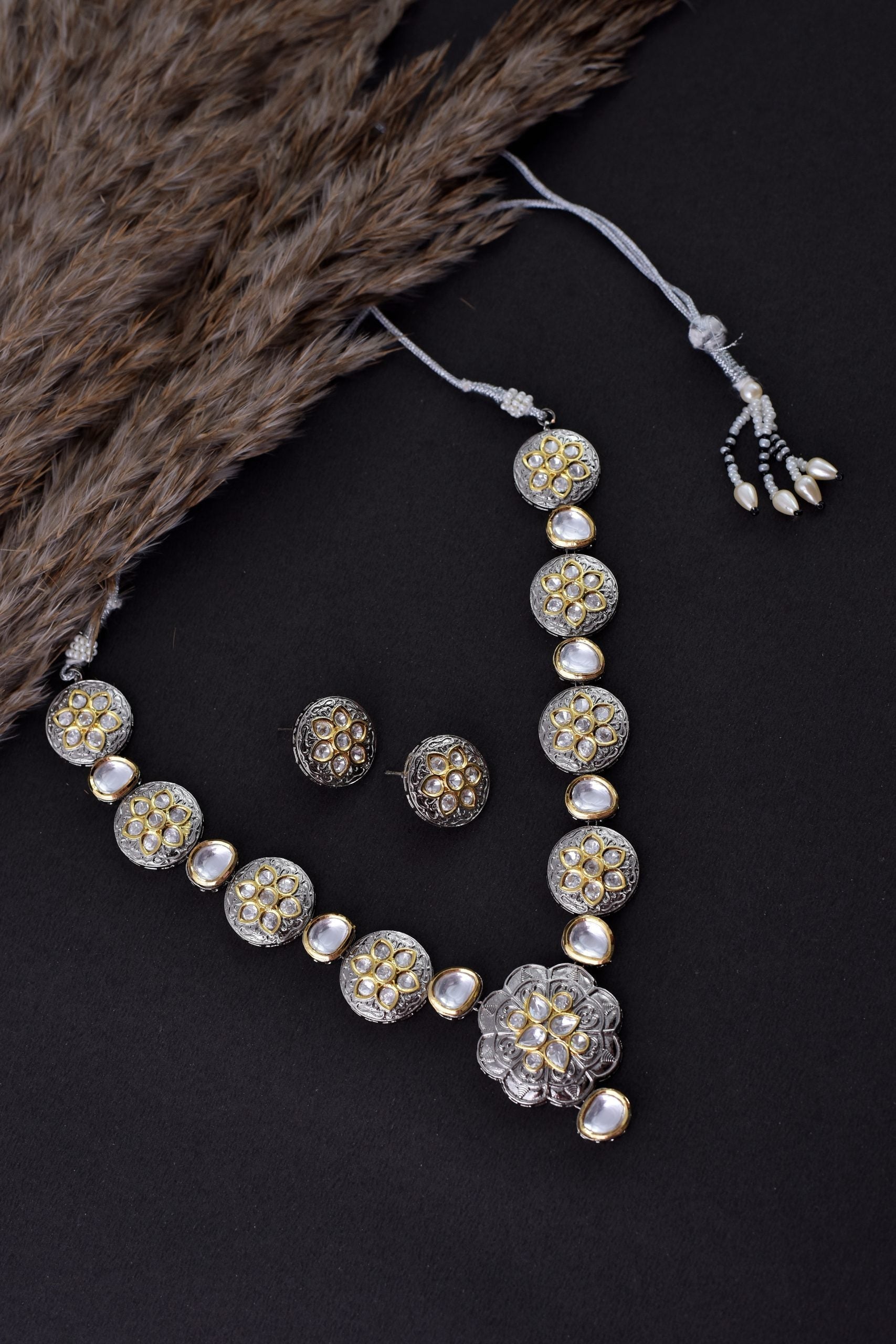 Silver Tone Polki Necklace Set