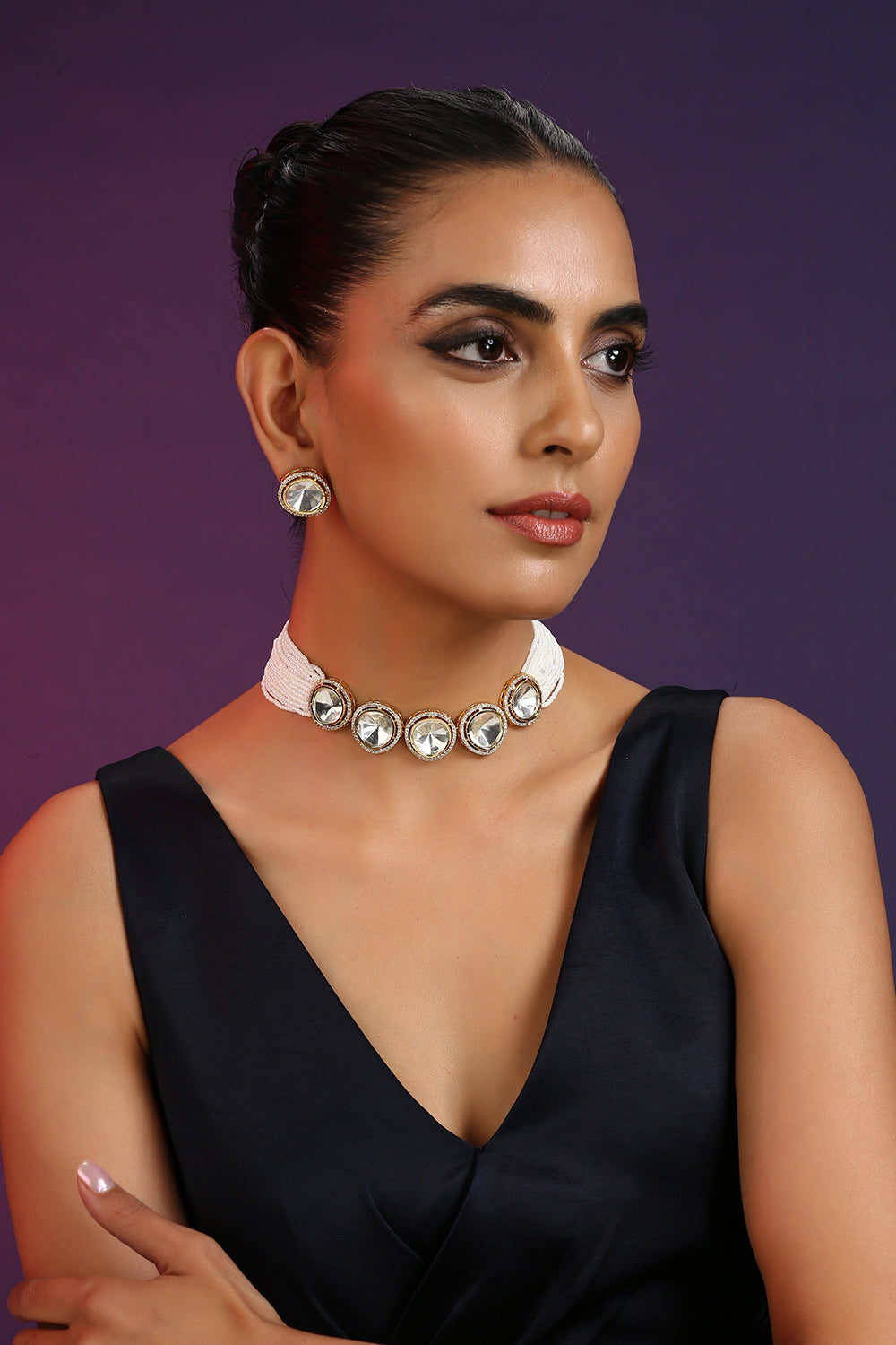 White Silver Tone Polki Choker with Pearls