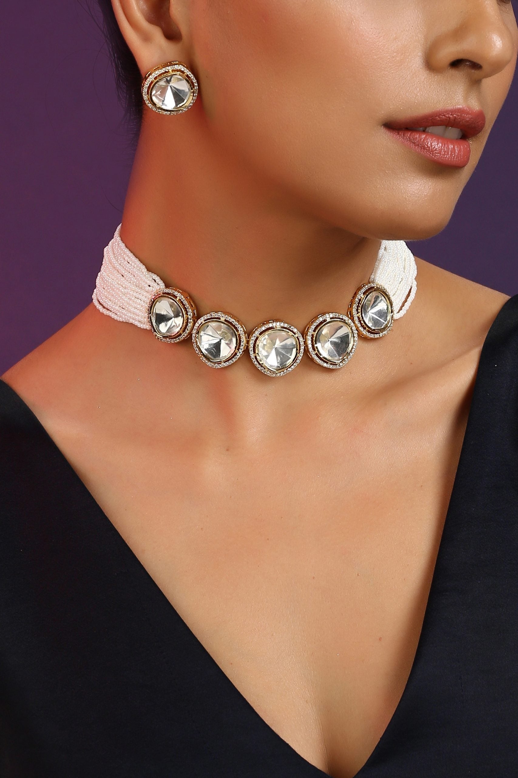 White Silver Tone Polki Choker with Pearls