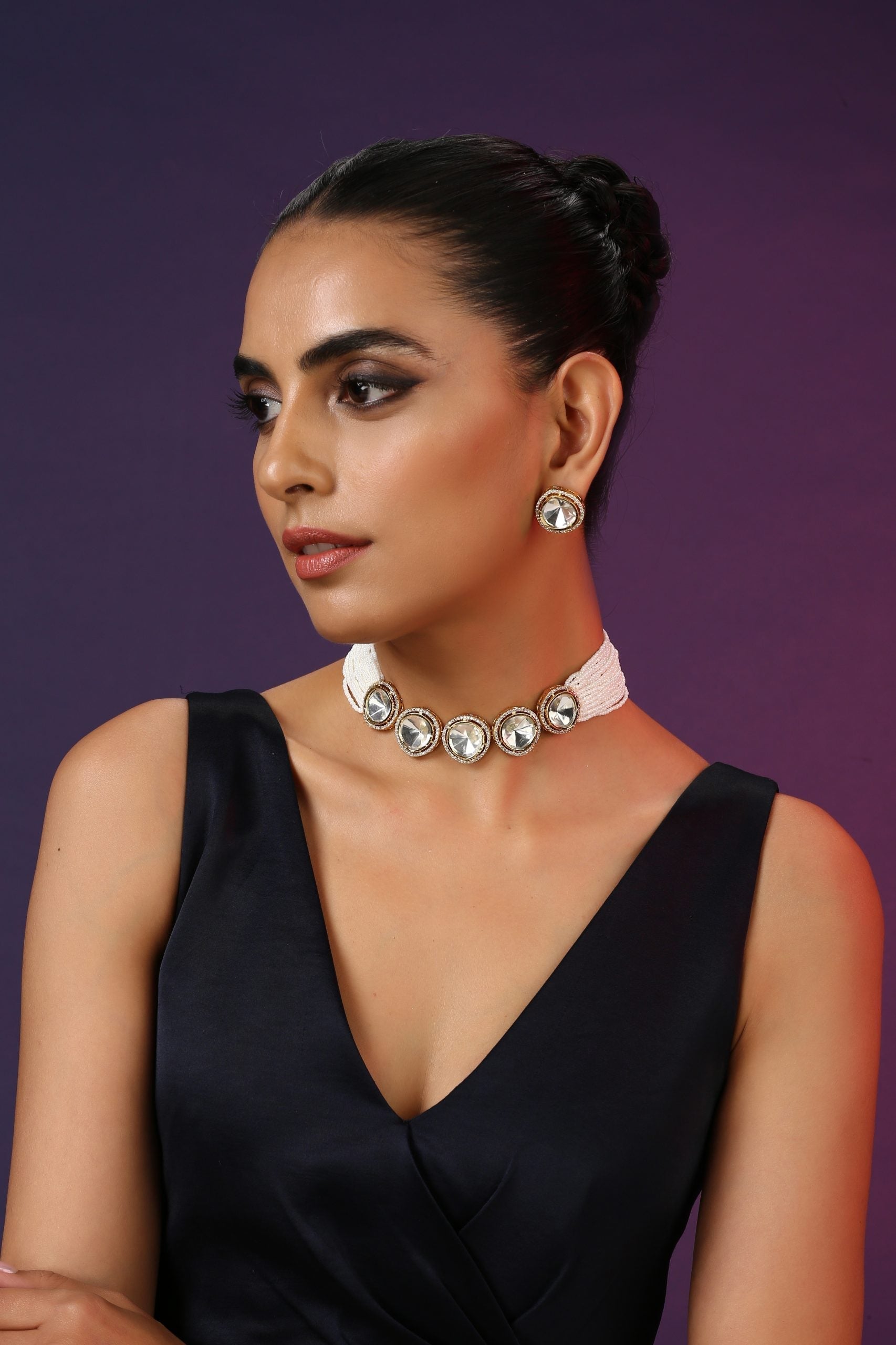 White Silver Tone Polki Choker with Pearls