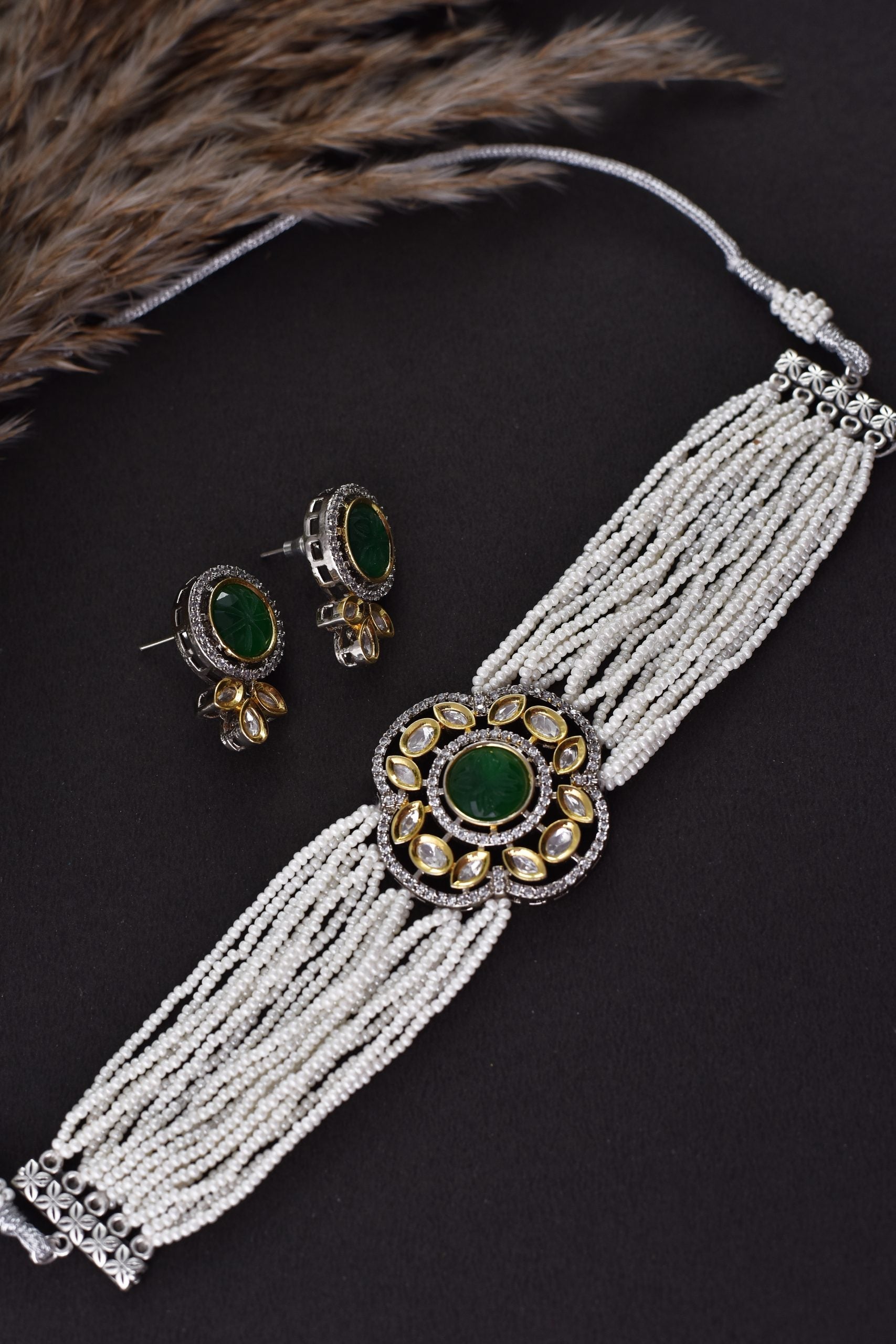 Green Silver Polki Necklace Set