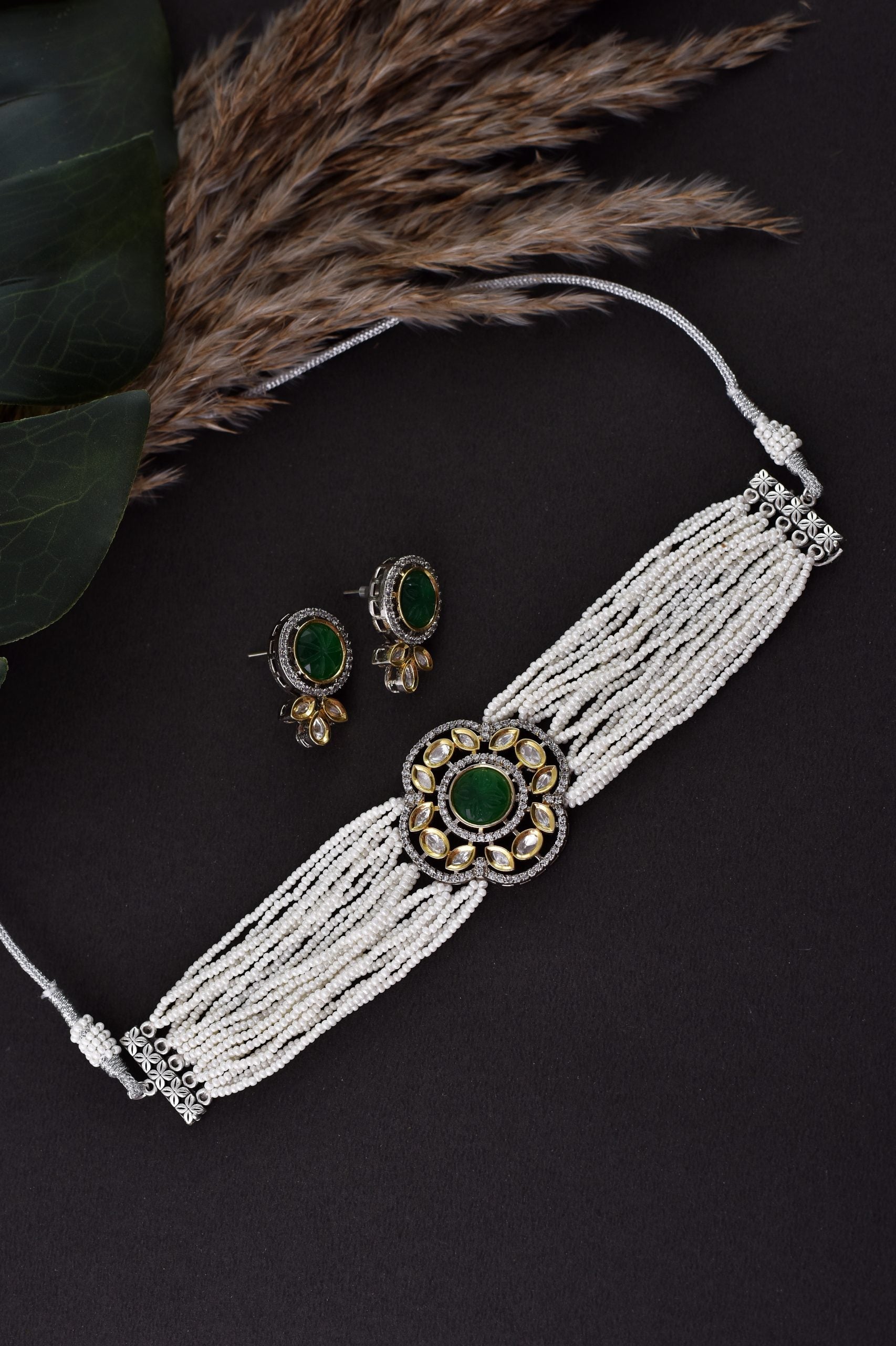 Green Silver Polki Necklace Set