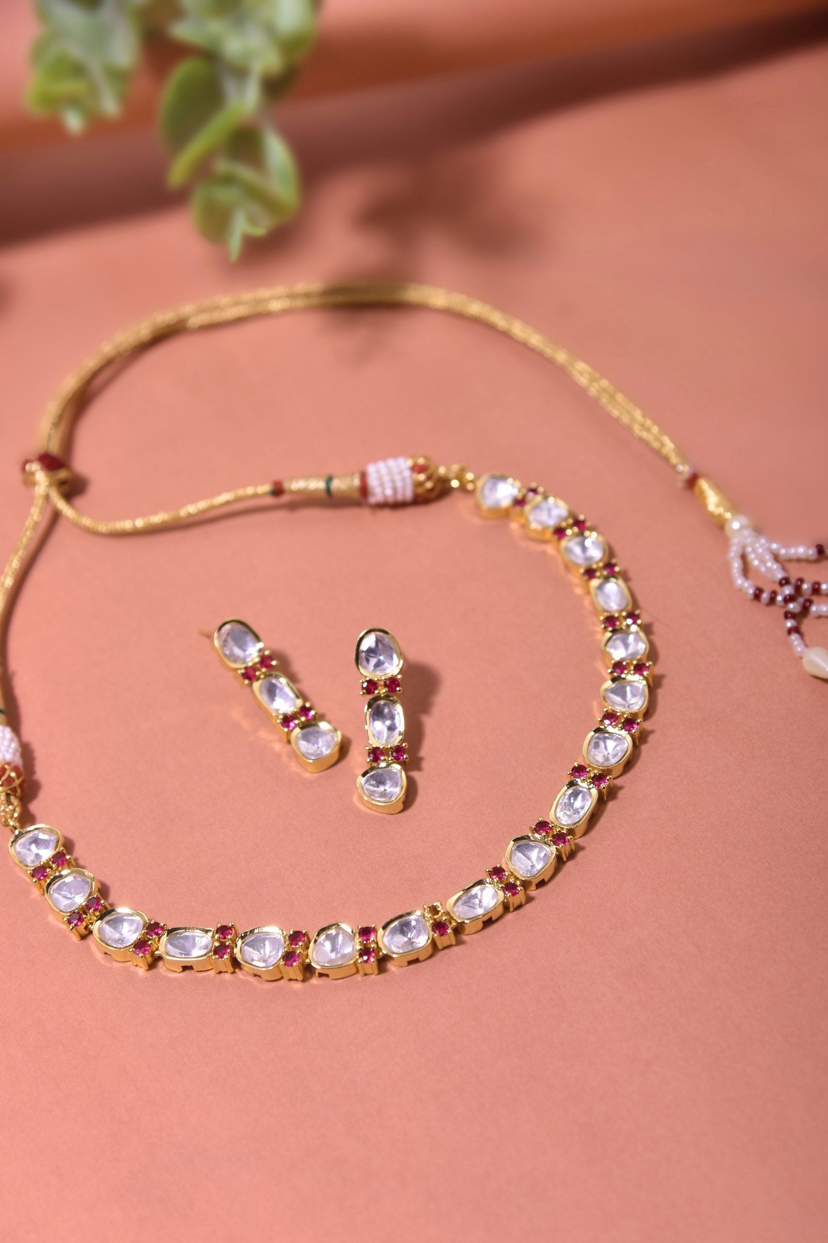 Rose Gold Tone Polki Necklace Set