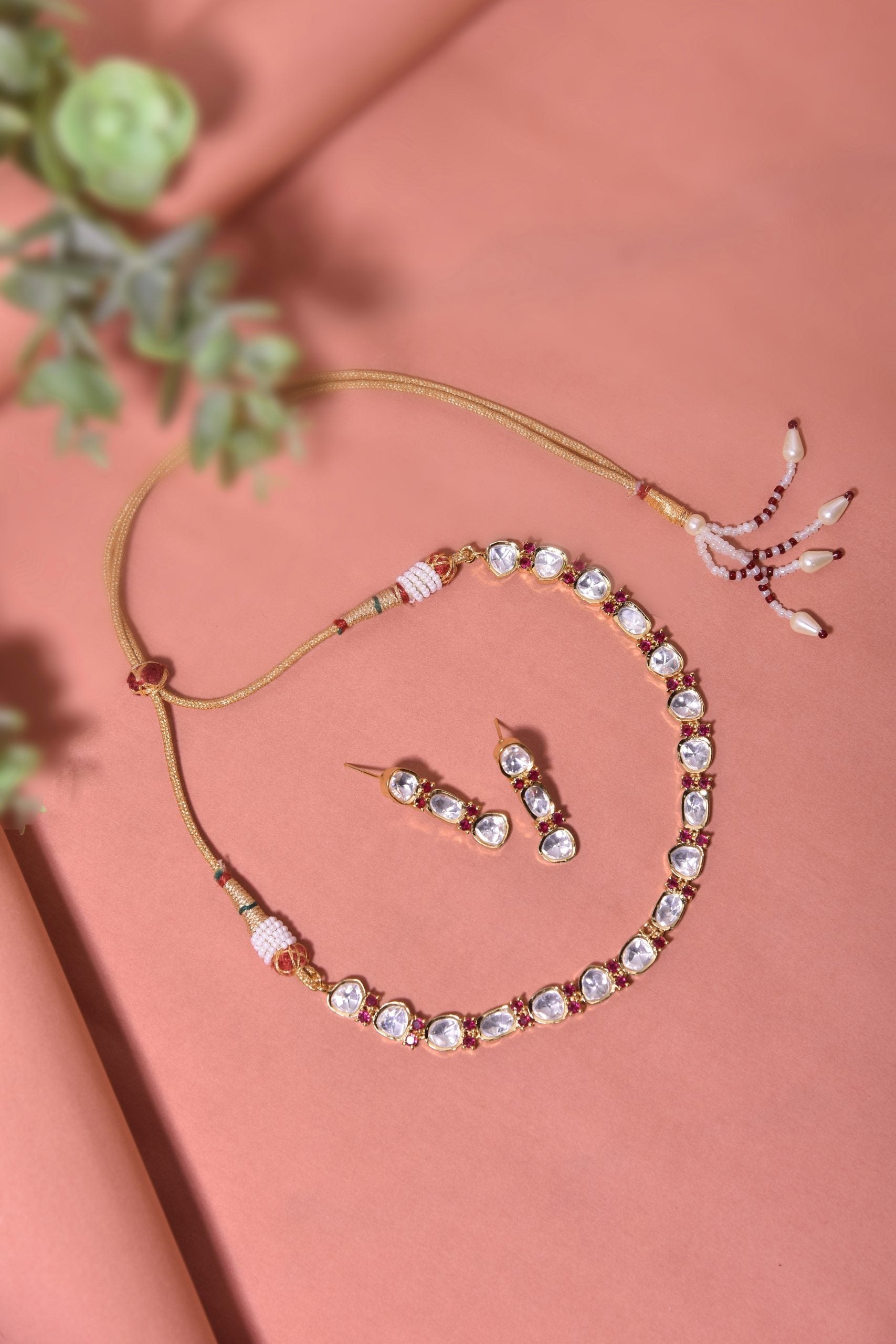 Rose Gold Tone Polki Necklace Set