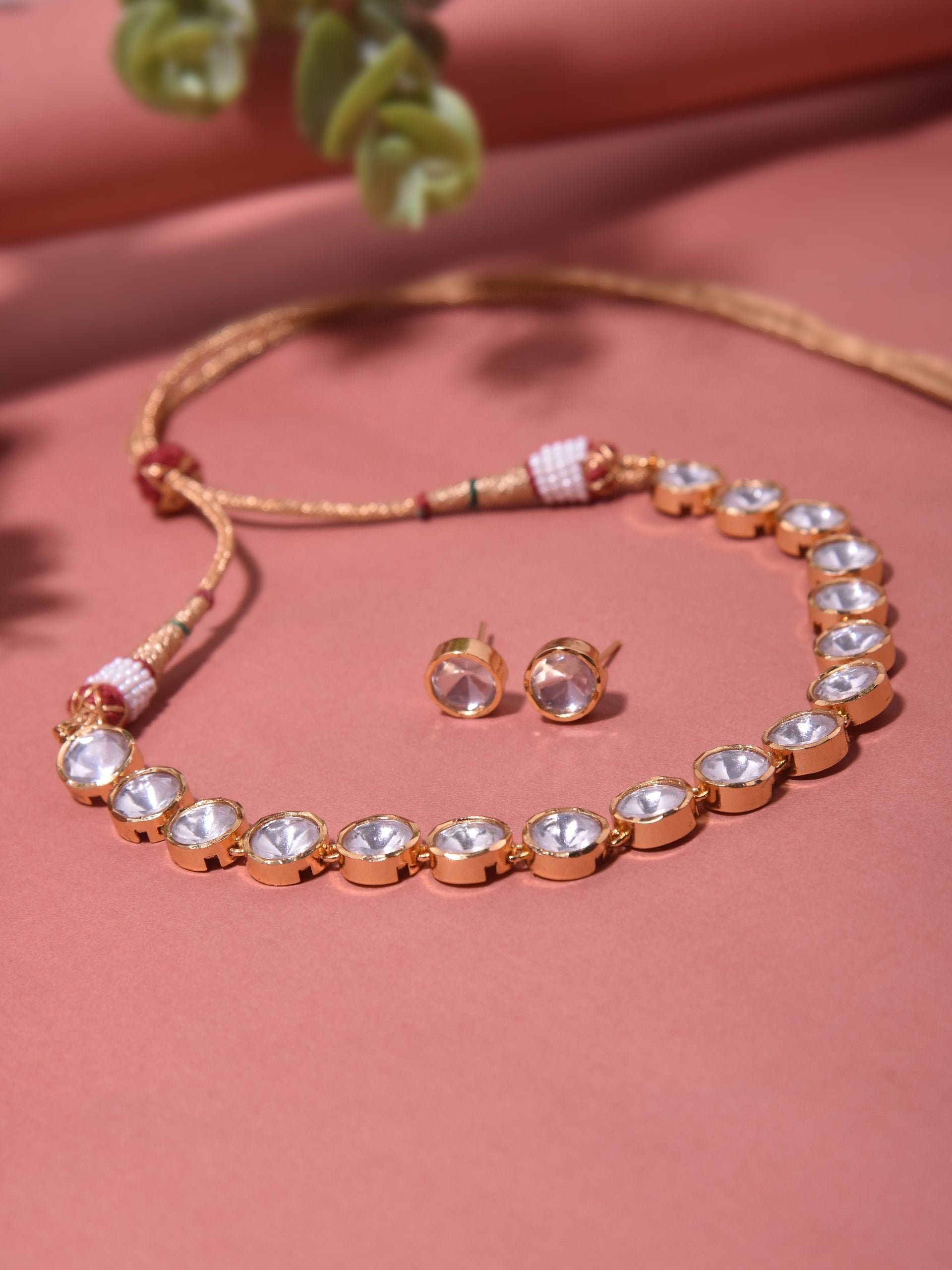 Rose Gold Tone Polki Necklace Set