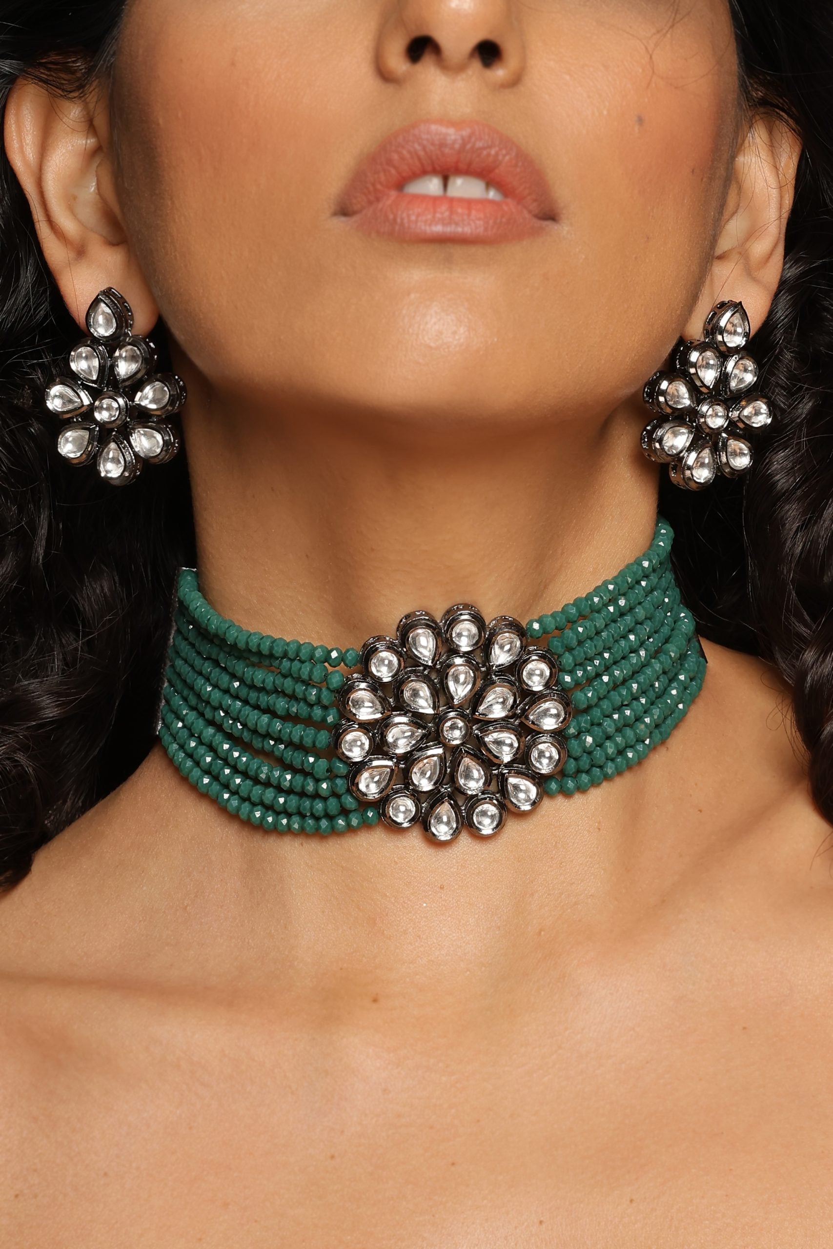 Green Rhodium Finish Choker Necklace Set