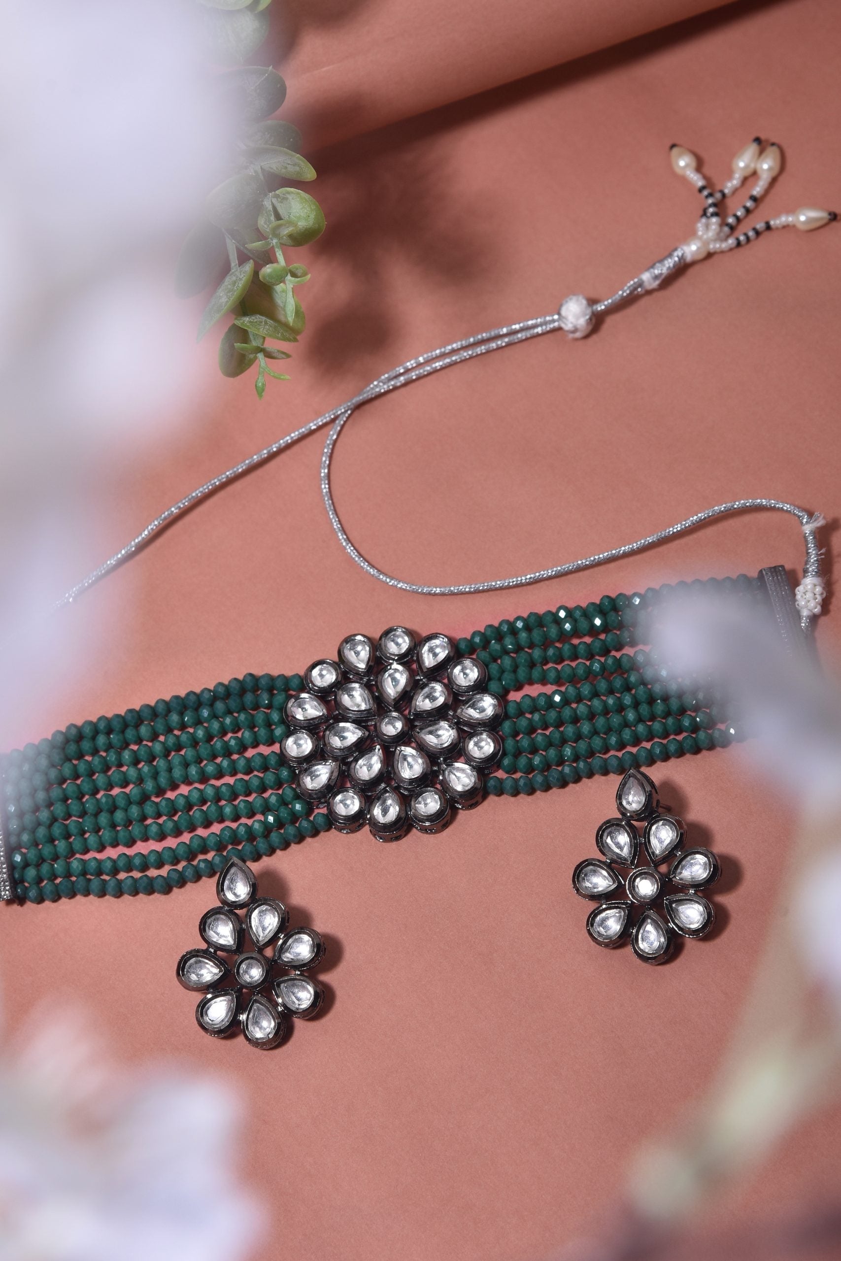 Green Rhodium Finish Choker Necklace Set