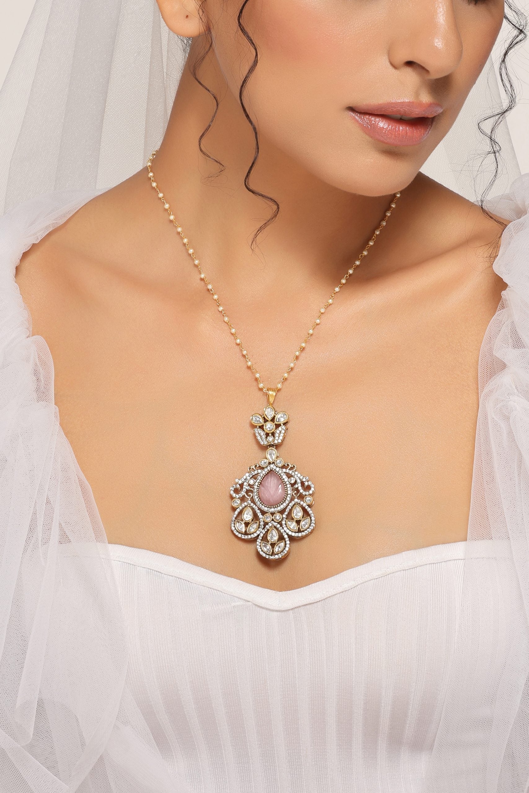 Pink Silver Tone Victorian Polki Pendant