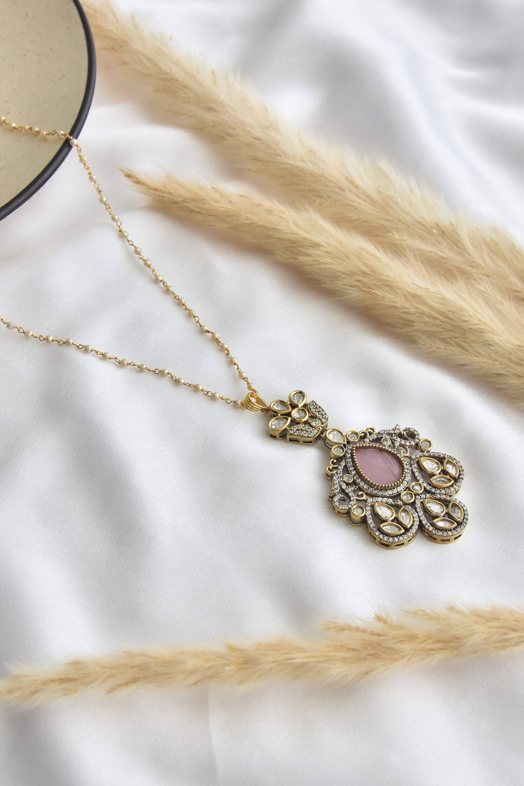 Pink Silver Tone Victorian Polki Pendant