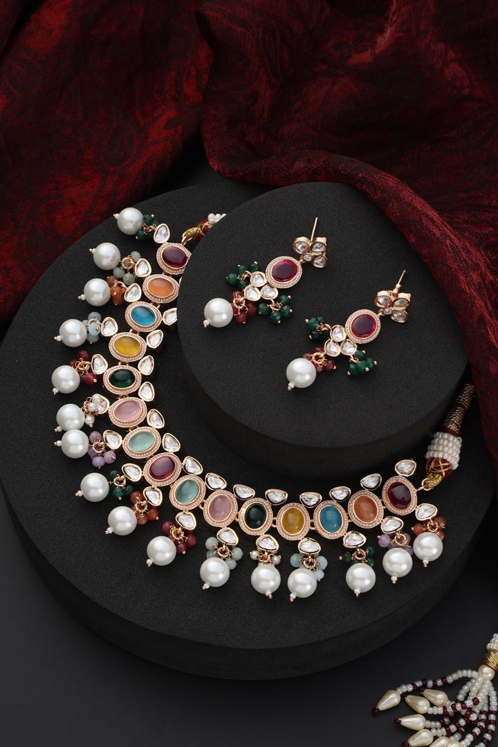 Multicolour Polki and Pearl Necklace Set