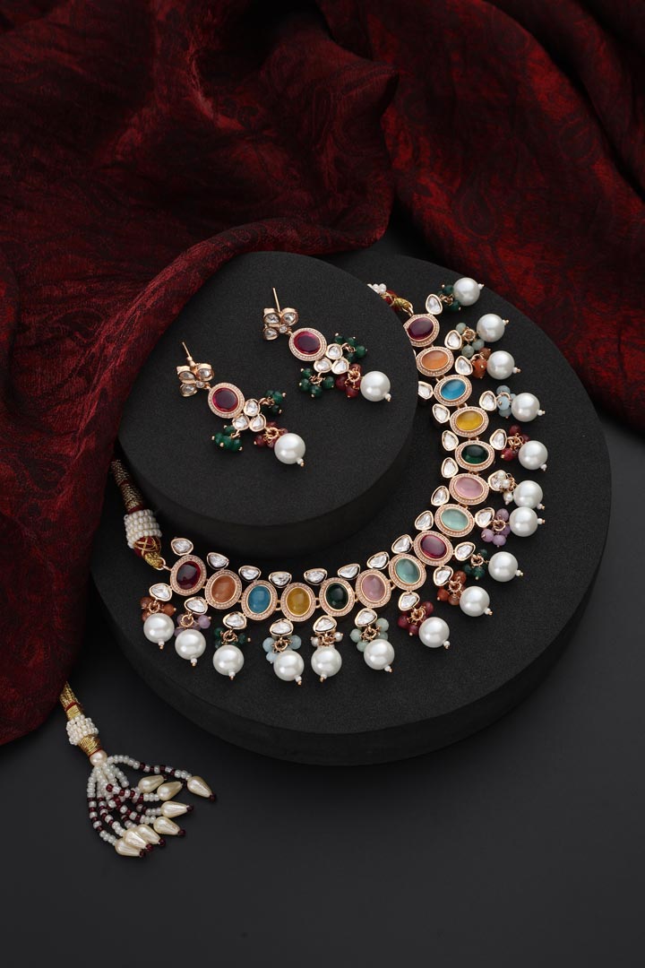 Multicolour Polki and Pearl Necklace Set